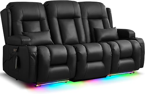 URRED Sofá reclinable de dos plazas con masaje y calor, diseño de respaldo central abatible de 3 asientos, sofá reclinable eléctrico para