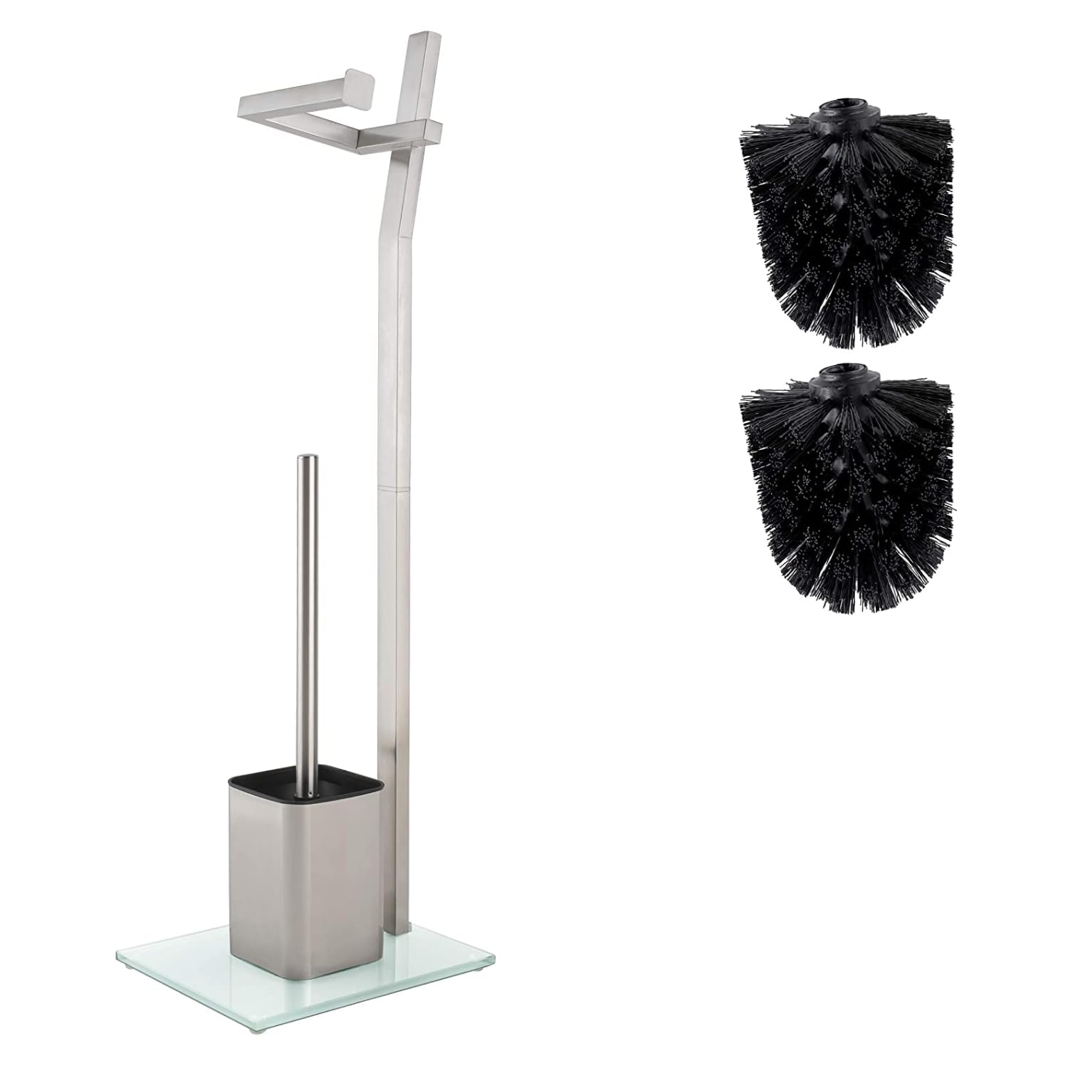 WC Garnitur - Mattes Chrom - 22 x 18 x 70 cm - Inkl. Toilettenpapierhalter Und Toilettenbürste - Rostfreier Edelstahl - Standfuß Aus Glas Mit Klobürste - Plus: 1 und 2 Klobürstenköpfe Zum Austauschen