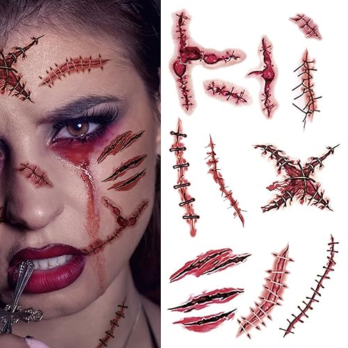 20 hojas de cicatriz falsa para Halloween, tatuajes temporales de Halloween, calcomanías para niños, mujeres y hombres, suministros de decoración de