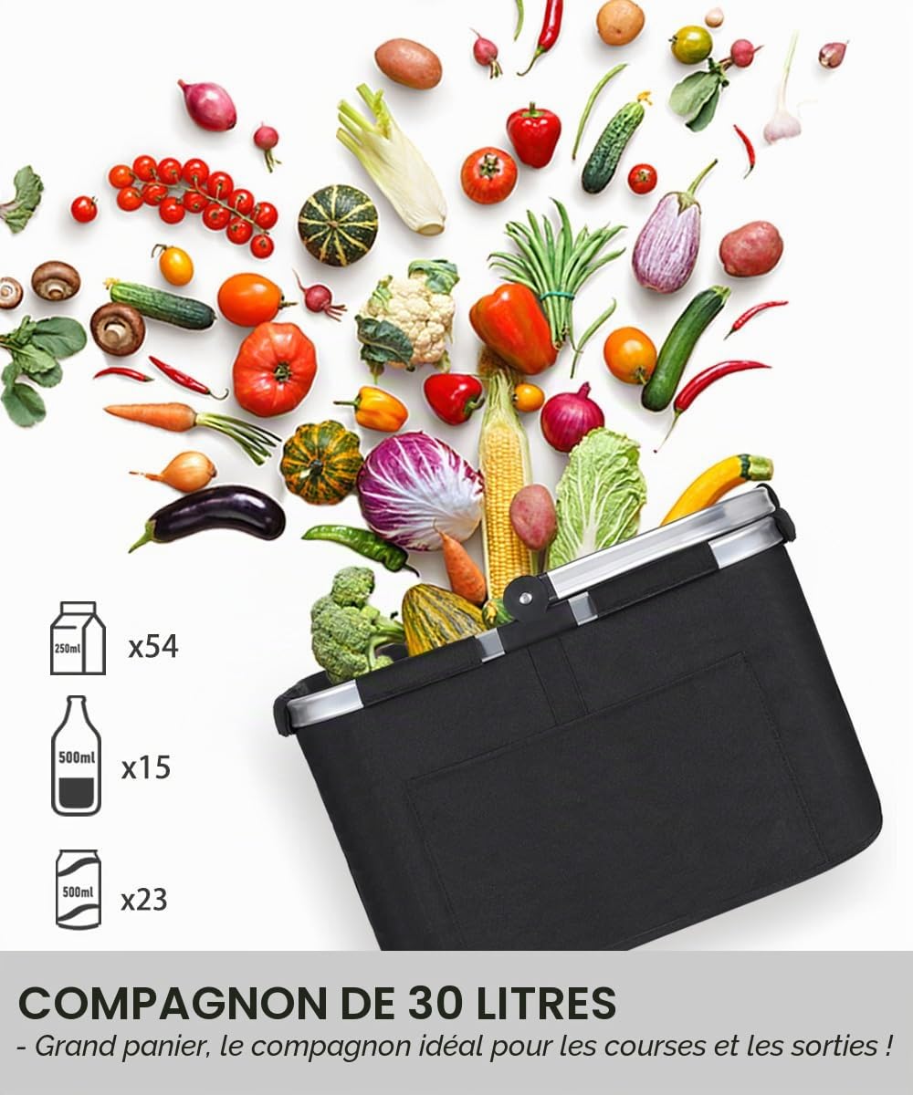 Diurwur Panier de transport, pliable, grand, avec poignées rembourrées, pratique, avec cadre en aluminium, stable, 30 l, idéal pour les voyages, les pique-niques, les courses, les cadeaux