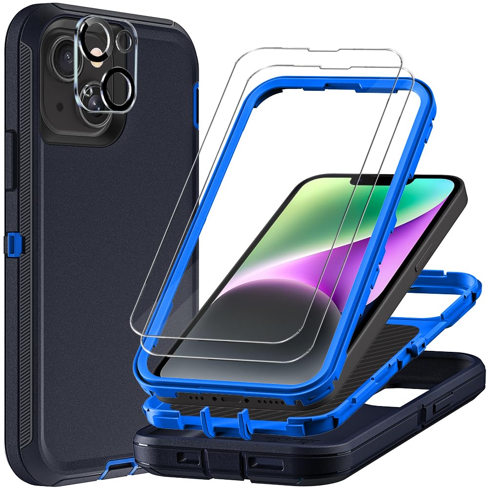 TFDSEUGH for iPhone 14 Case with 2Pcs Tempered Glass Screen Protector and 1Pcs Camera Lens Protector, Military Grade 3 in 1 Heavy Duty Shockproof/Drop