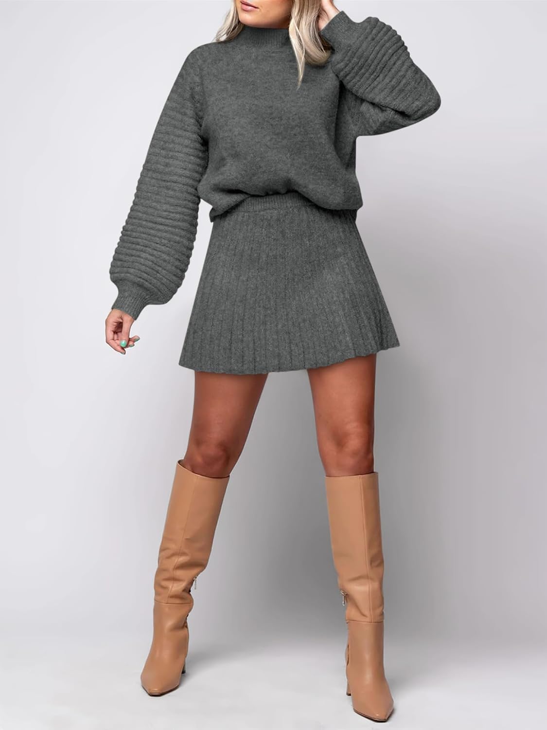 Womens 2 Piece Skirt Sets Fall Fashion 2025 Mock Neck Ribbed Knit Sweaters And Mini Skirt Two Piece Outfits - Image 2