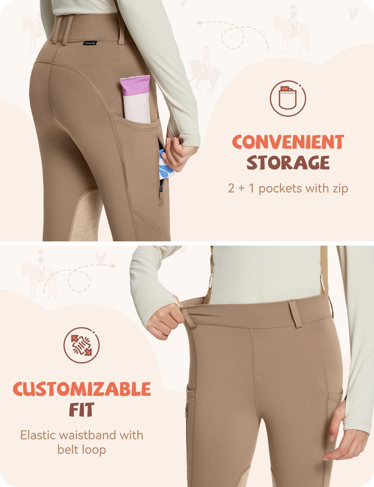 baleaf Pantaloni Lunghi per Ragazze da Cavallo, Leggings Aderenti per l'inverno e l'autunno con Caldo e 2 Tasche