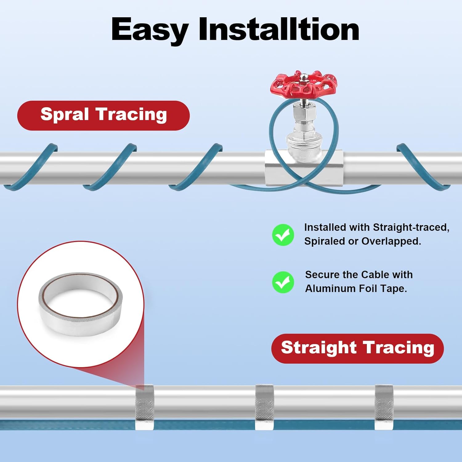 30FT Heat Tape for Water Pipes – Gutter Heat Cable & Water Pipe Insulation, Self-Regulating Temp for Freeze Protection on Metal & Plastic Pipes, Roof Snow De-Icing, Easy Installation 120V