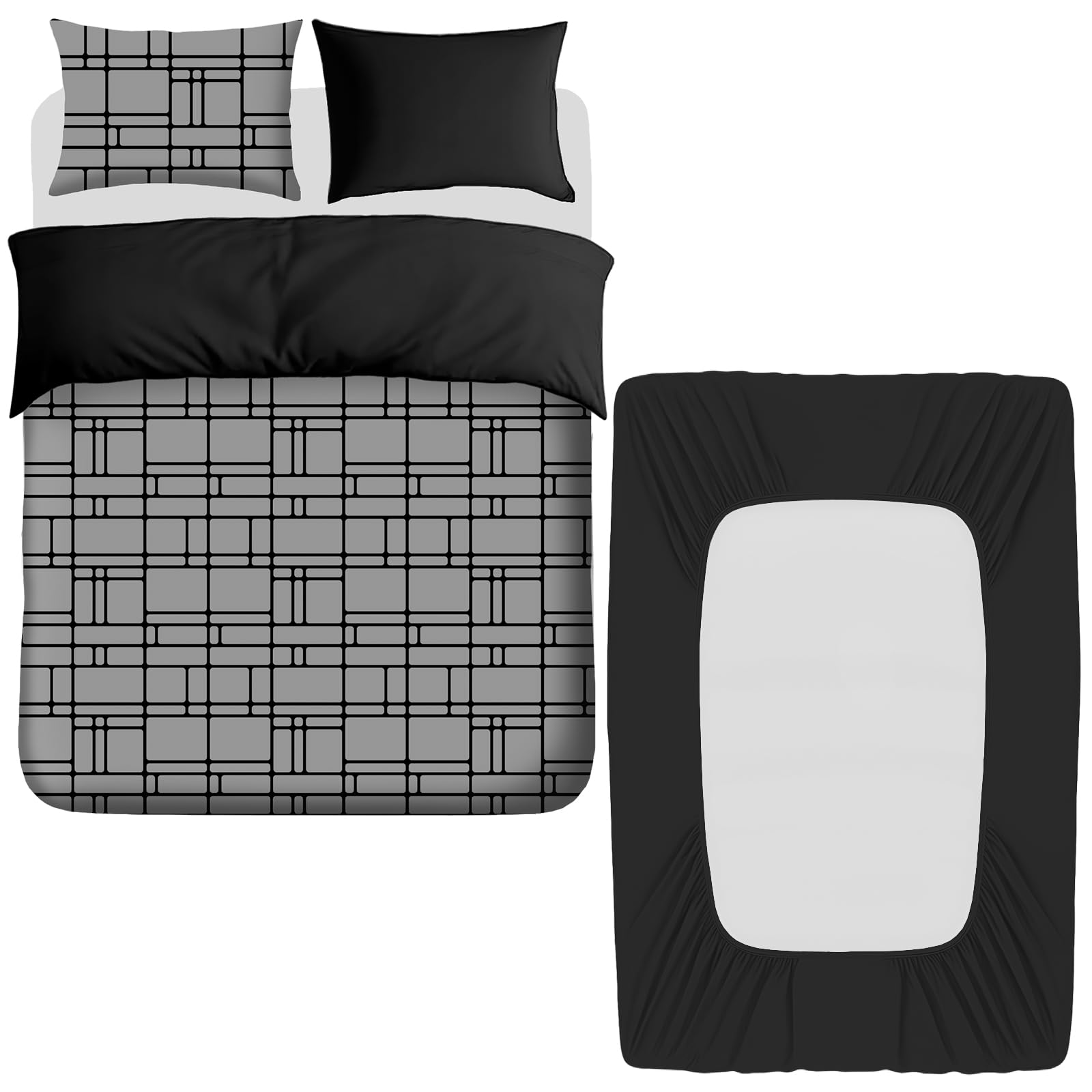 Pamposh 4 Pcs Double Duvet Set With Matching Black Double Fitted Sheet Breathable Premium Microfibre Reversible Quilt Cover from B&Q