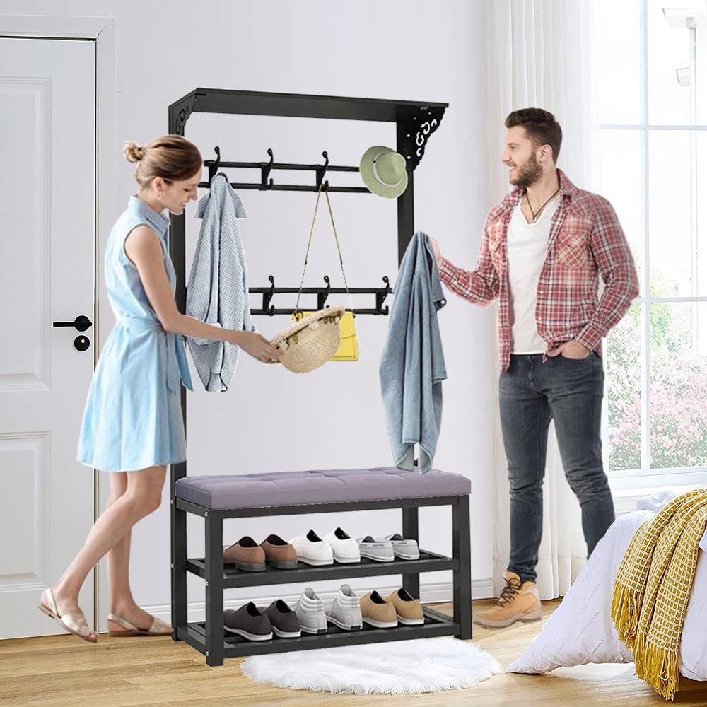 NNJN Garderobenständer Mit Schuhbank - 6 Haken, Freistehend Für Flur 120x40x191cm