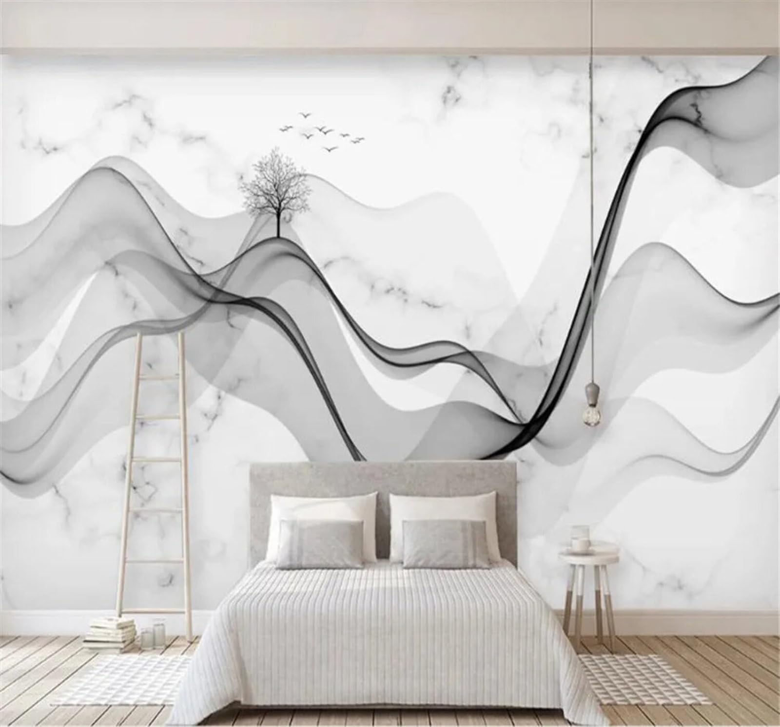 Tzxztt Abstract Lines Ink Wash Landscape Faux Marble Modern 3D Wallpaper Premium Textured Silk Neutral Tones Material Ideal for Living Room Bedroom-400cm×280cm