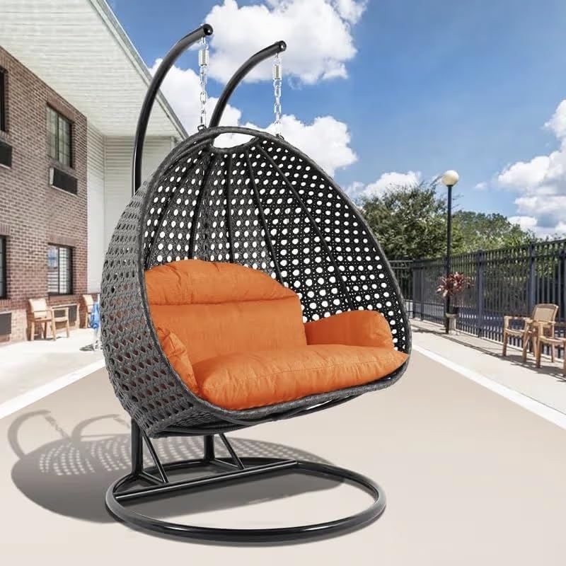 Image of Double Seater Hammock Swing Chair with Stand & Cushion | Heavy Duty Powder Coated Steel Frame | Outdoor Indoor Hanging Swing for Patio Balcony Garden Terrace Living Room (Black-Orange)
