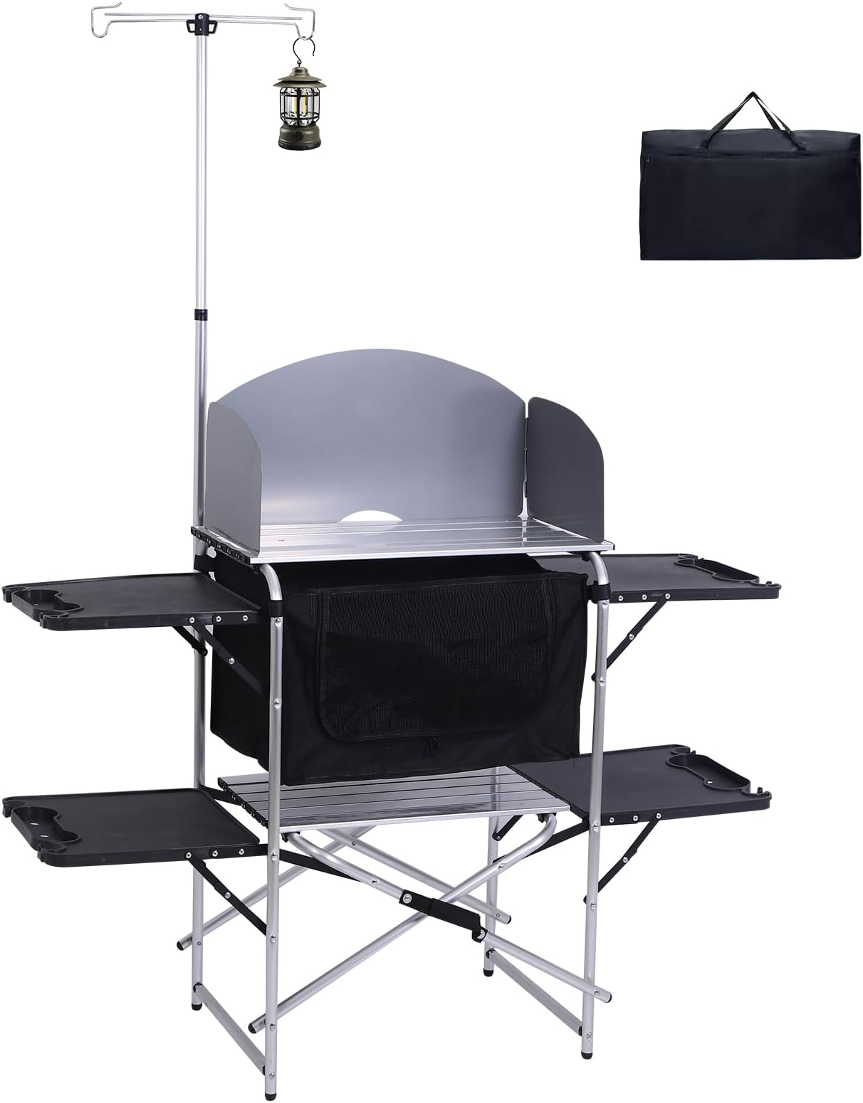 WGOS Camping Table, Camp Kitchen, Cook Station, Kitchen Camping Station with Side Table, Portable with Carry Bag, Storage, Windscreen, and Light Stand