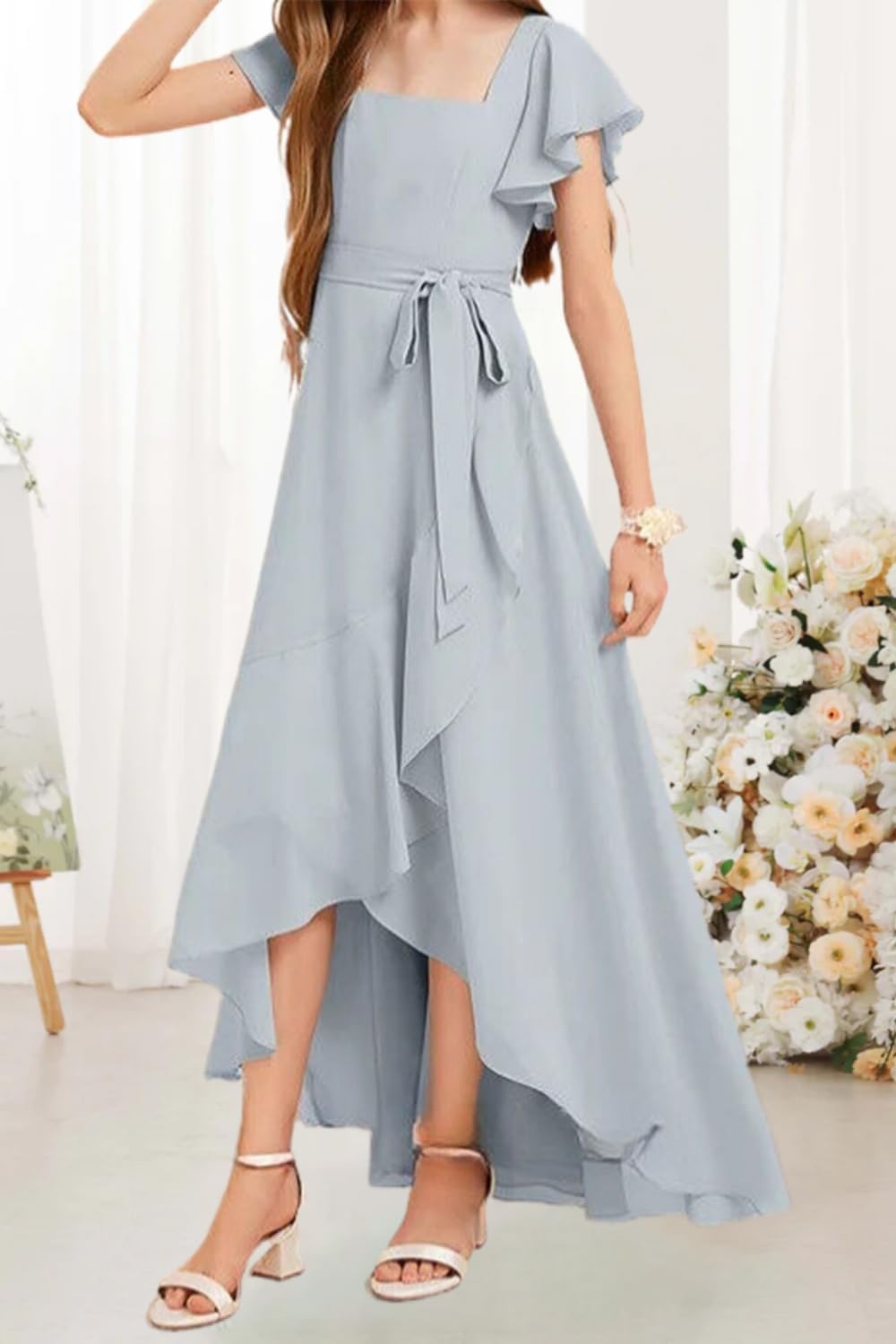 Junior Bridesmaid Dress Chiffon Flower Girls Cap Sleeve High Low Long Maxi A Line Wedding Pageant Dresses GO002