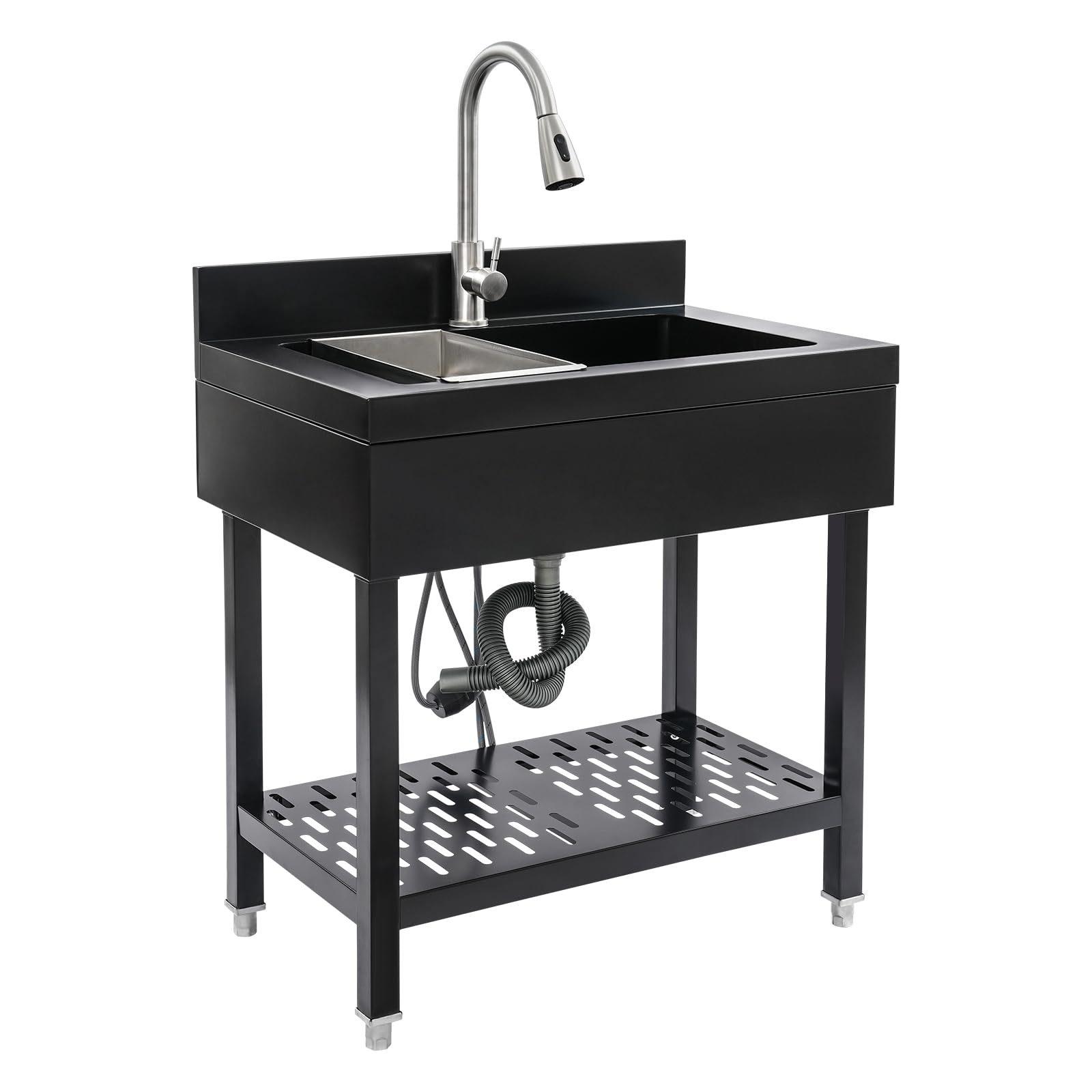 Fregadero de cocina independiente de 80 cm, acero inoxidable, 150 kg, fregadero comercial con grifo giratorio de 360 grados, cesta de filtro y tapa para hogares, garajes