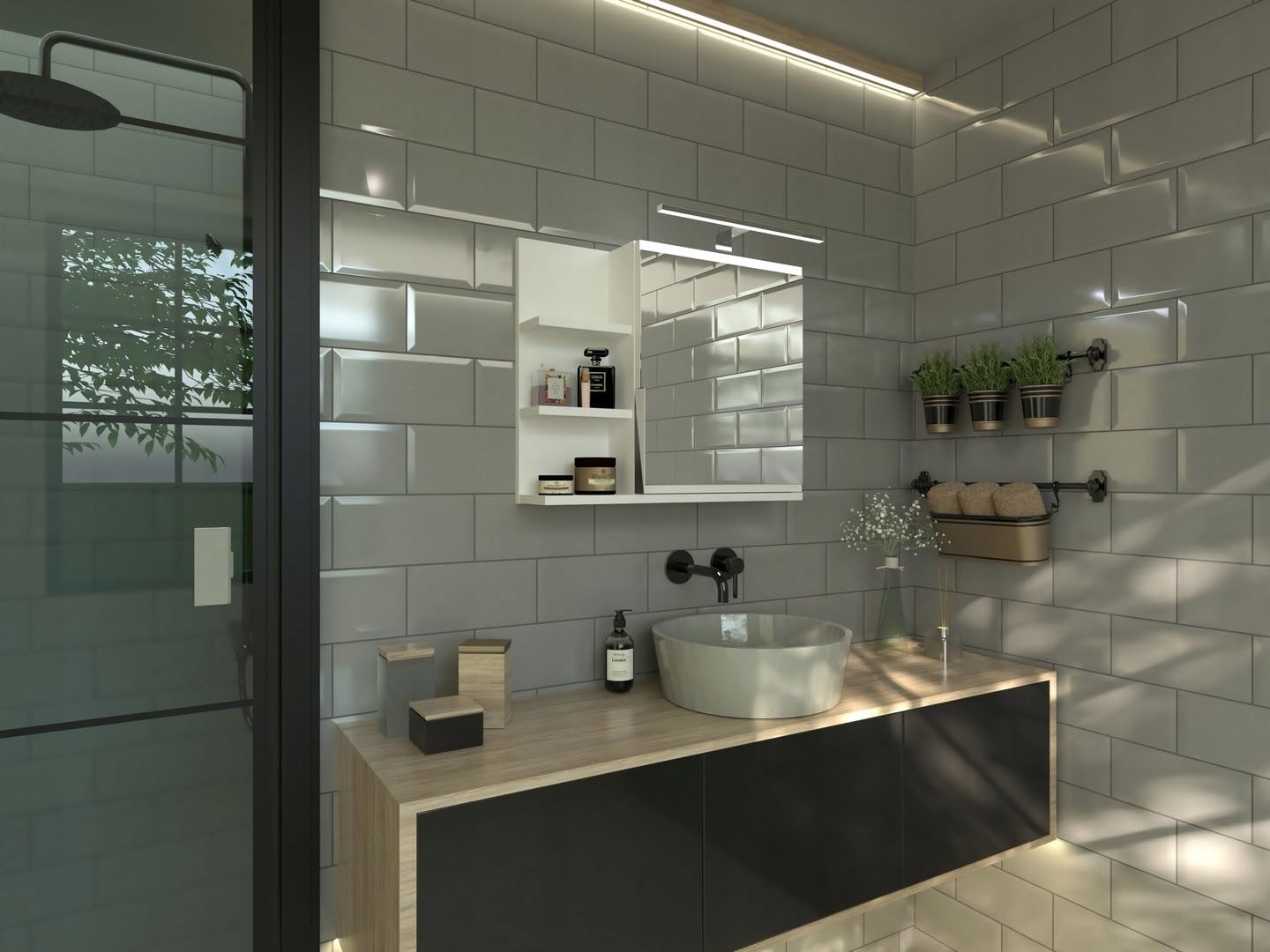 Armoire de Toilette 60x50 Blanche, Armoire de Salle de Bain avec étagères, Miroir de Salle de Bain, Armoire Murale Lampe LED - Gauche