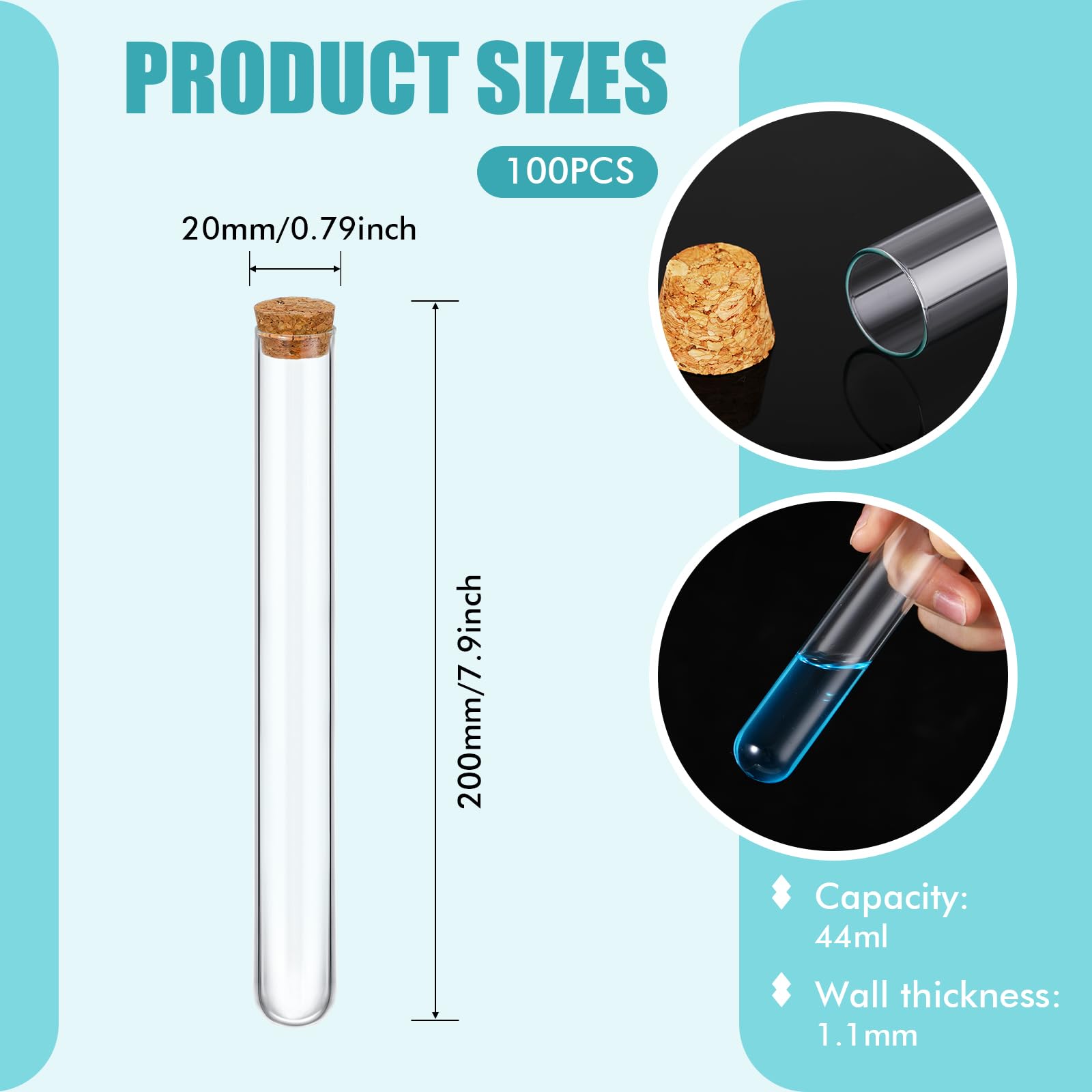 Thyle 100 tubos de ensayo de cristal con tapón de corcho transparente, fondo redondo, para pruebas de laboratorio, almohadillas de alcohol, recipientes para plantas, experimentos científicos