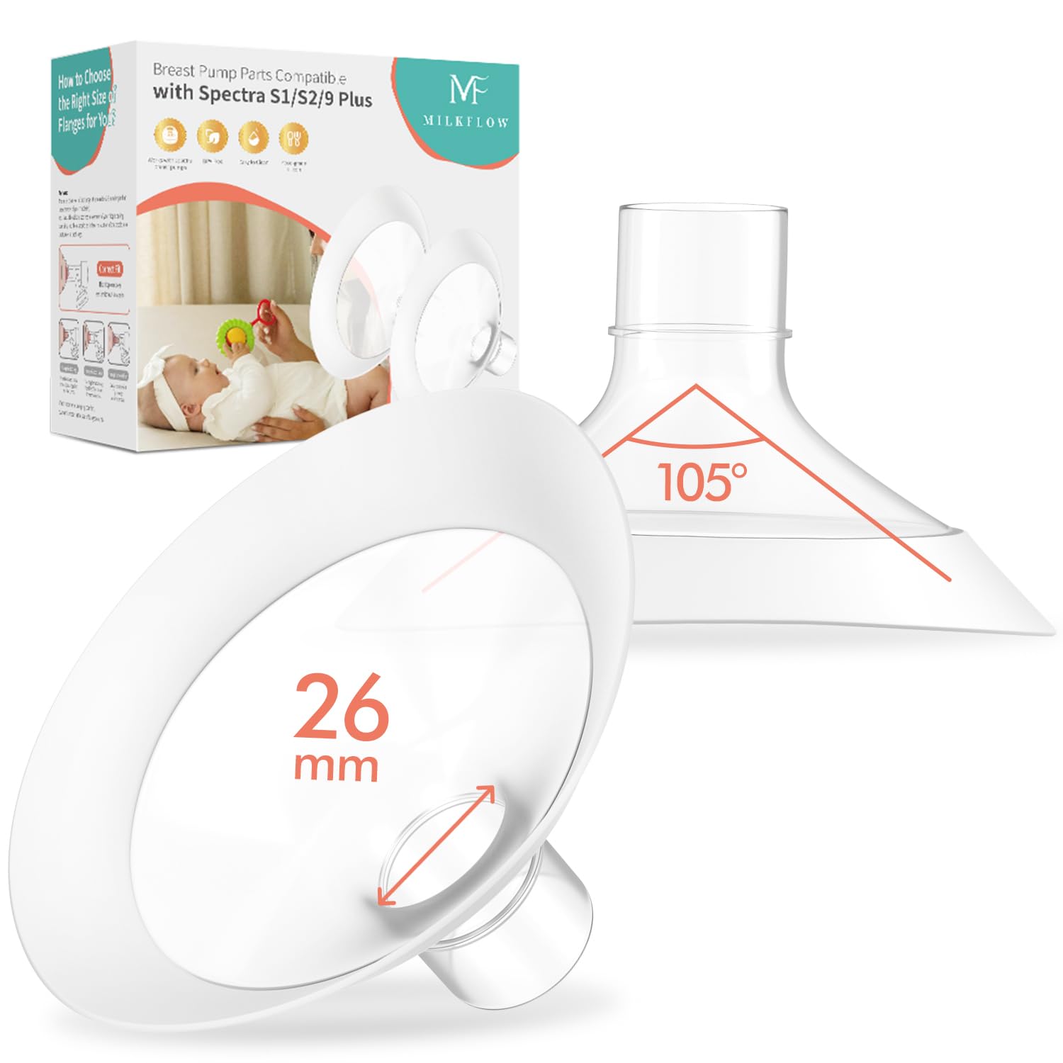 Breast Flanges 26mm 2-Pack for Medela Pump in Style, Symphony, Freestyle, Sonata, Maxflow and Lansinoh Signature Pro Breast Pumps