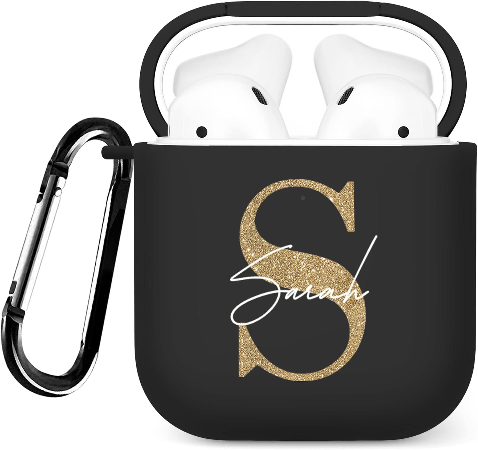 Personalised Custom Case Compatible with Apple AirPods Pro 2nd generation, Support Wireless Charging, with Carabiner, Soft Shell [07- Golden Monogram on Black]