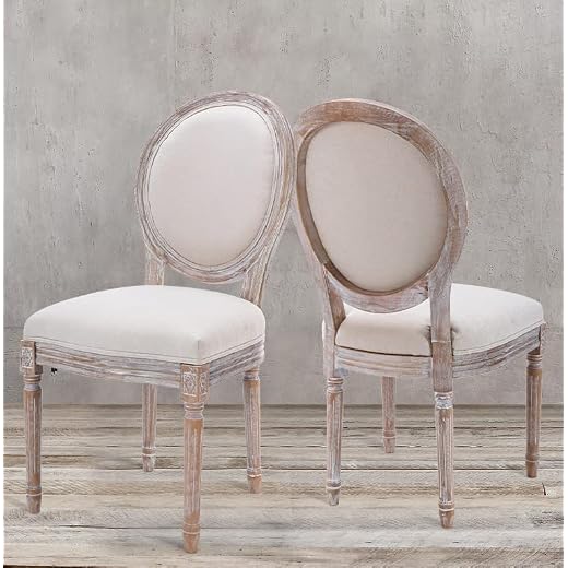 COLAMY French Country Dining Chairs Set of 2, Upholstered Farmhouse Dining Room Chairs with Round Back, Solid Wood Legs, Accent Side Chairs for Kitchen/Living Room/Bedroom- Beige