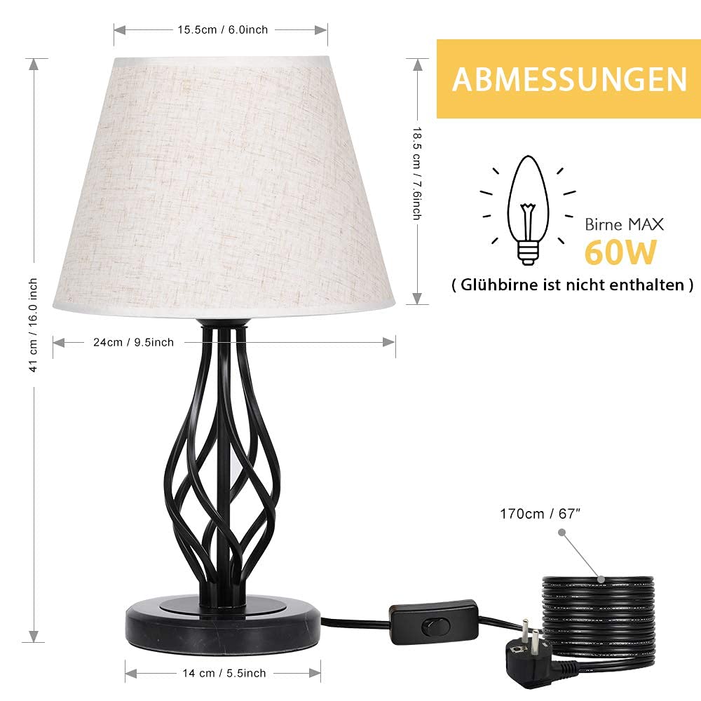 LIANTRAL Set di 2 lampade da comodino, moderna lampada da tavolo con base in marmo e paralume in lino, nero