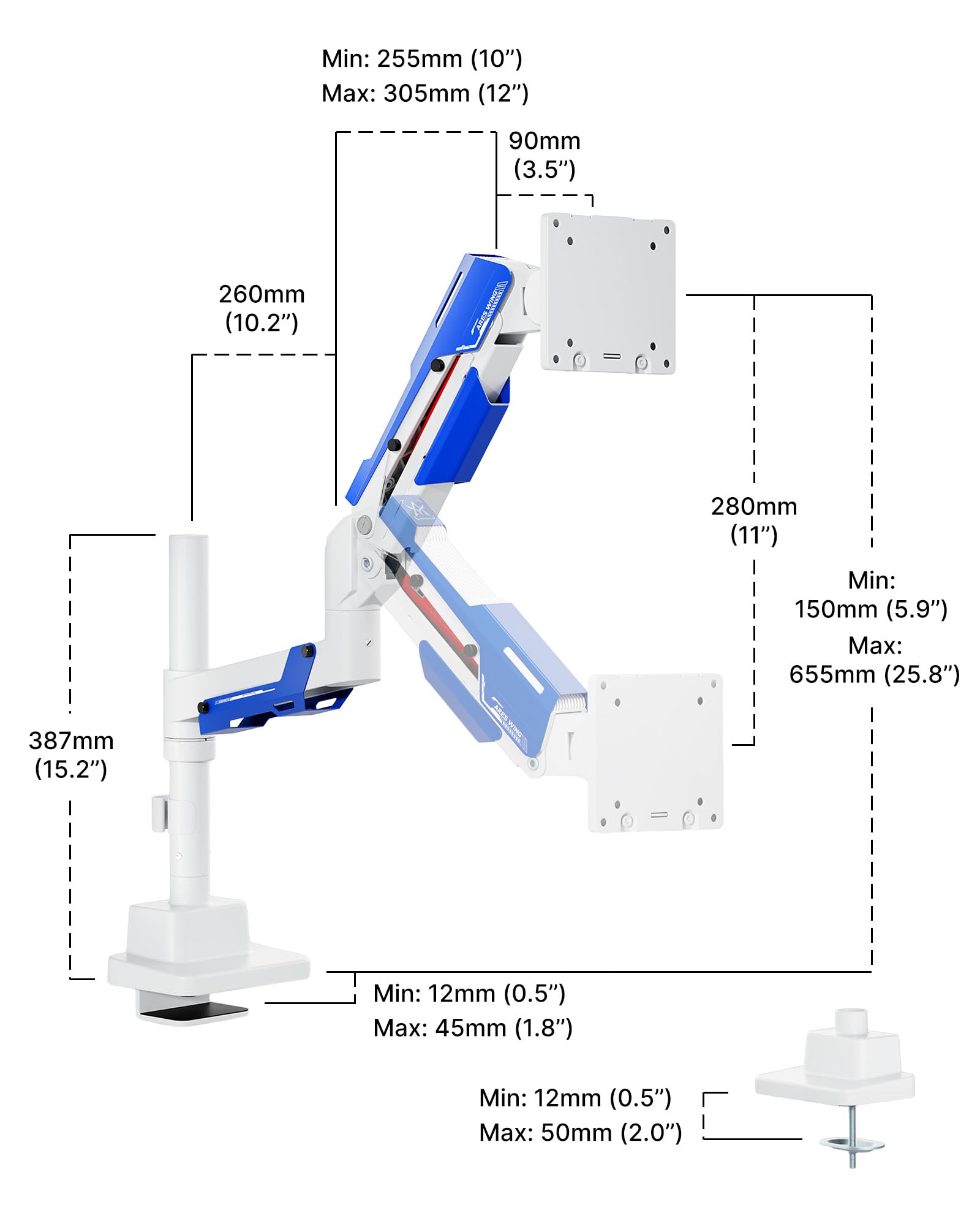 ARES WING Supporto per monitor per schermo da 24 – 57", Bianco | resistente supporto per monitor fino a 30 kg, braccio per monitor da gioco con asta, VESA Max 200 x 200