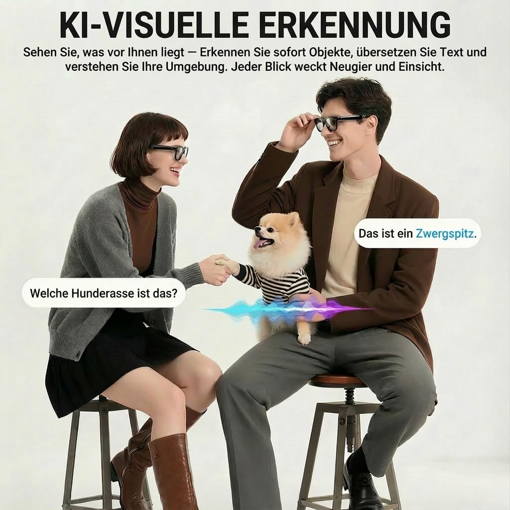 Brille mit Kamera, 8 MP 1080P Smart Glasses Dual-Core-Prozessor mit KI-Assistent für Echtzeitübersetzungen, 410 mAh für 16 Stunden Standby-Zeit, WLAN Bluetooth Intelligente Brille