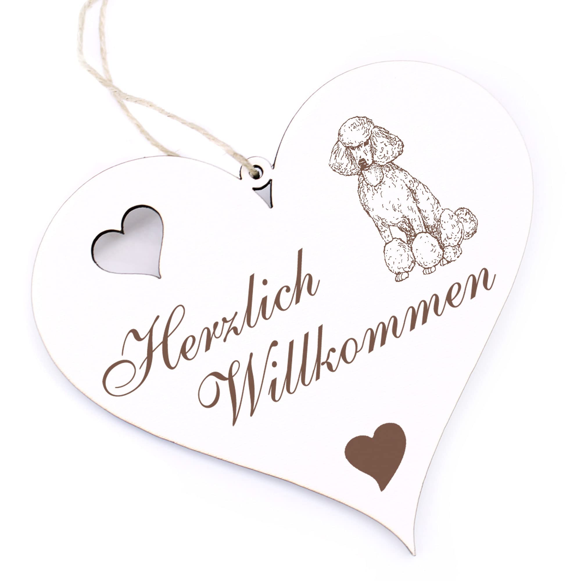 Herzlich Willkommen Schild Mit Pudel – Holzschild, Ca. 13x12 Cm, Lasergravur, Mit Aufhängeband