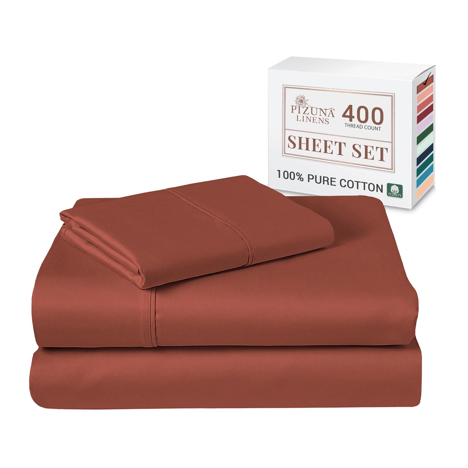 Pizuna 100% Cotton Single Bed Sheet Set Brick Rust, 400 Thead Count Long Staple Cotton Bedding Set 180x280 cm, Soft Sateen 3 PC Single Bed Sheet Set - Fitted Sheet, Flat Sheet & 1 Pillowcase