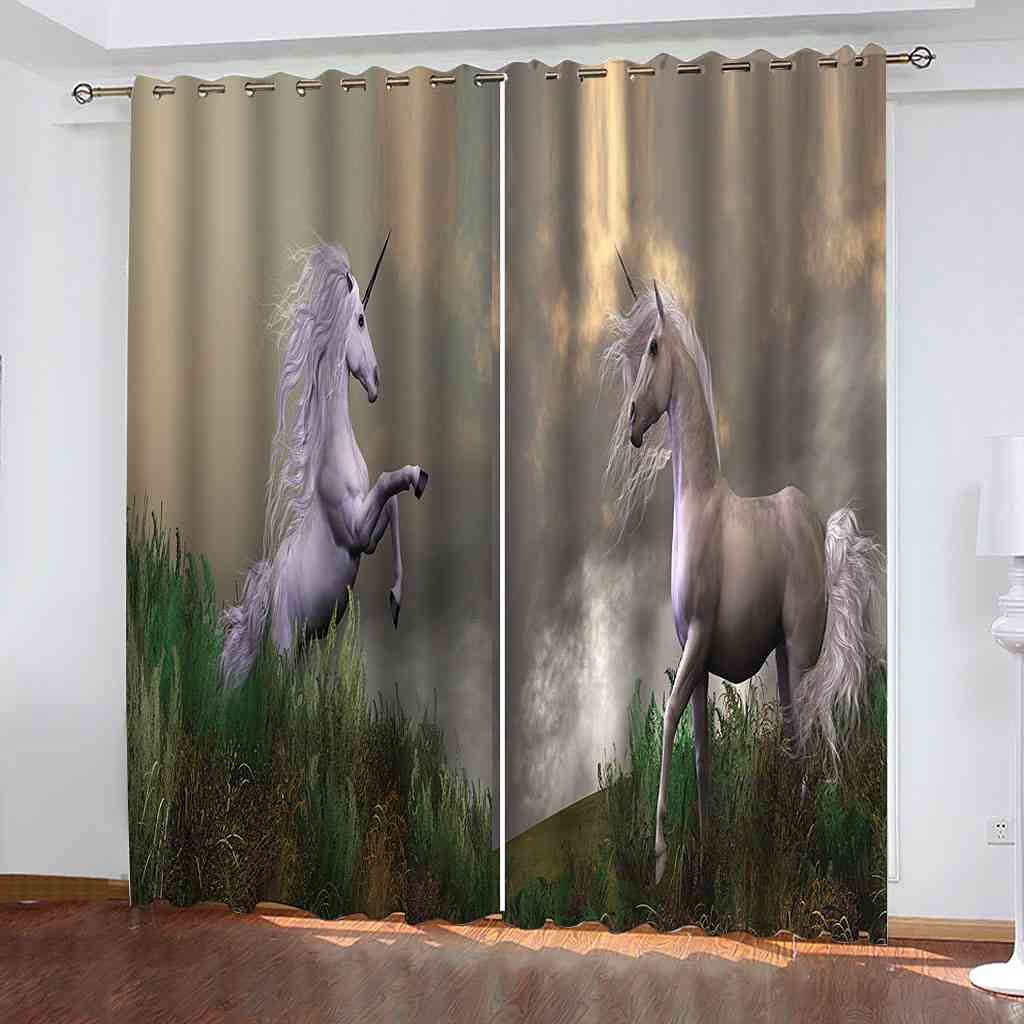 Rideaux occultants 3D deux chevaux blancs pour chambre d'enfant | Isolation thermique 200x214cm