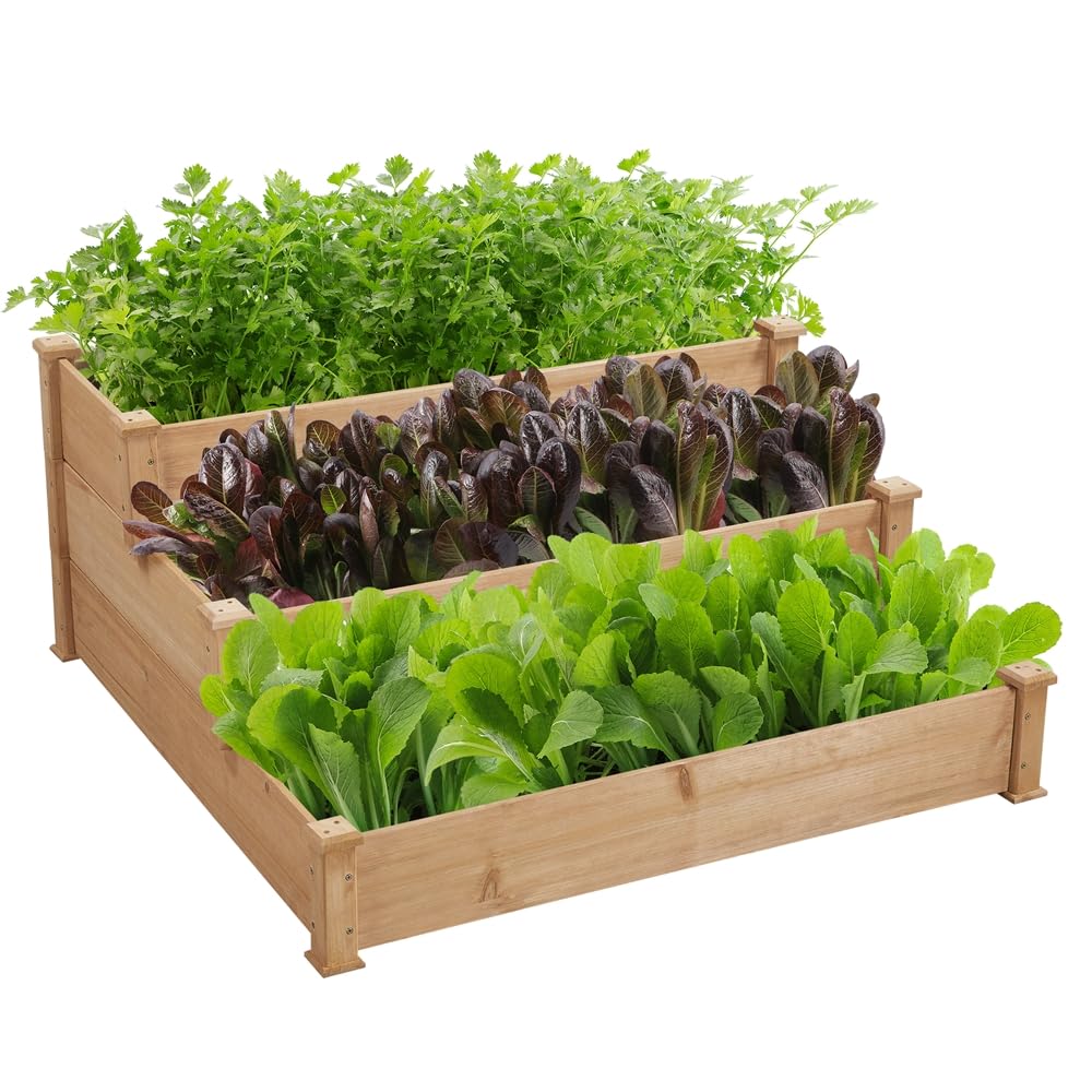 Yaheetech Letto Orto Rialzato da Giardino Etserno Interno Grande a 3 Livelli Aiuola Rialzata Vasca per Piante in Legno 120 x 120 x 56 cm Marrone Chiaro