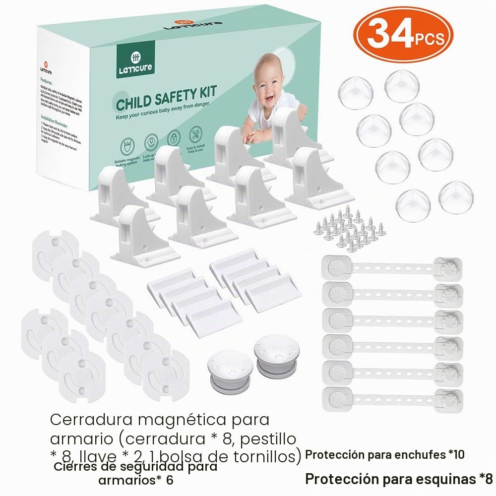 36 PCS Kit de Seguridad para Bebés 8PCS Cerradura Magnética y 2PCS Key 12PCS Protectores Esquinas 10PCS Tapa de Enchufe 8 PCS Cierre Seguridad (Kit)