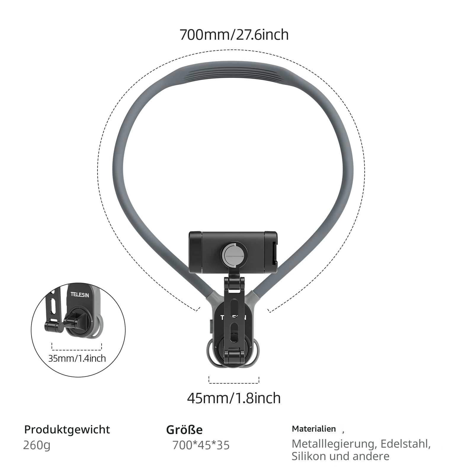 TELESIN° POV/Vlog Nackenhalterung für Telefone mit Telefonclip, Freihändiges Telefon Halshalter mit Brustgurt Selfie-Halterung am Hals Video-Aufnahme für iPhone Samsung Pixel und alle Telefone (Gray)