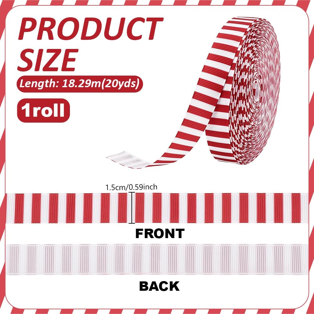 PH PandaHall 20 Yards Red and White Stripes Ribbons 15 mm Polyester Fabric Grograin Ribbons for Gift Packaging Christmas Tree Halloween Decoration image 2