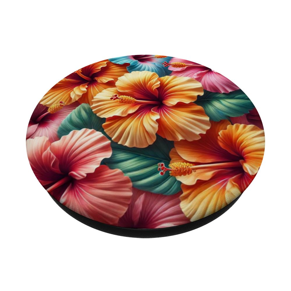 Hawaiian Hibiscus Tropical Flower Pattern, Hibiscus Patterns PopSockets Swappable PopGrip, Black - Image 2