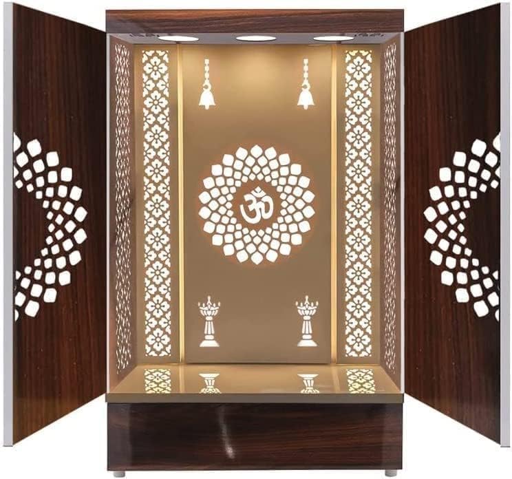 Sharvgun Wooden Temple Brown LED Light for Home and Office|Home Temple|Puja Mandir|Wall Hanging & Table Top Designer Mandir with Doors (36X24X16 in)