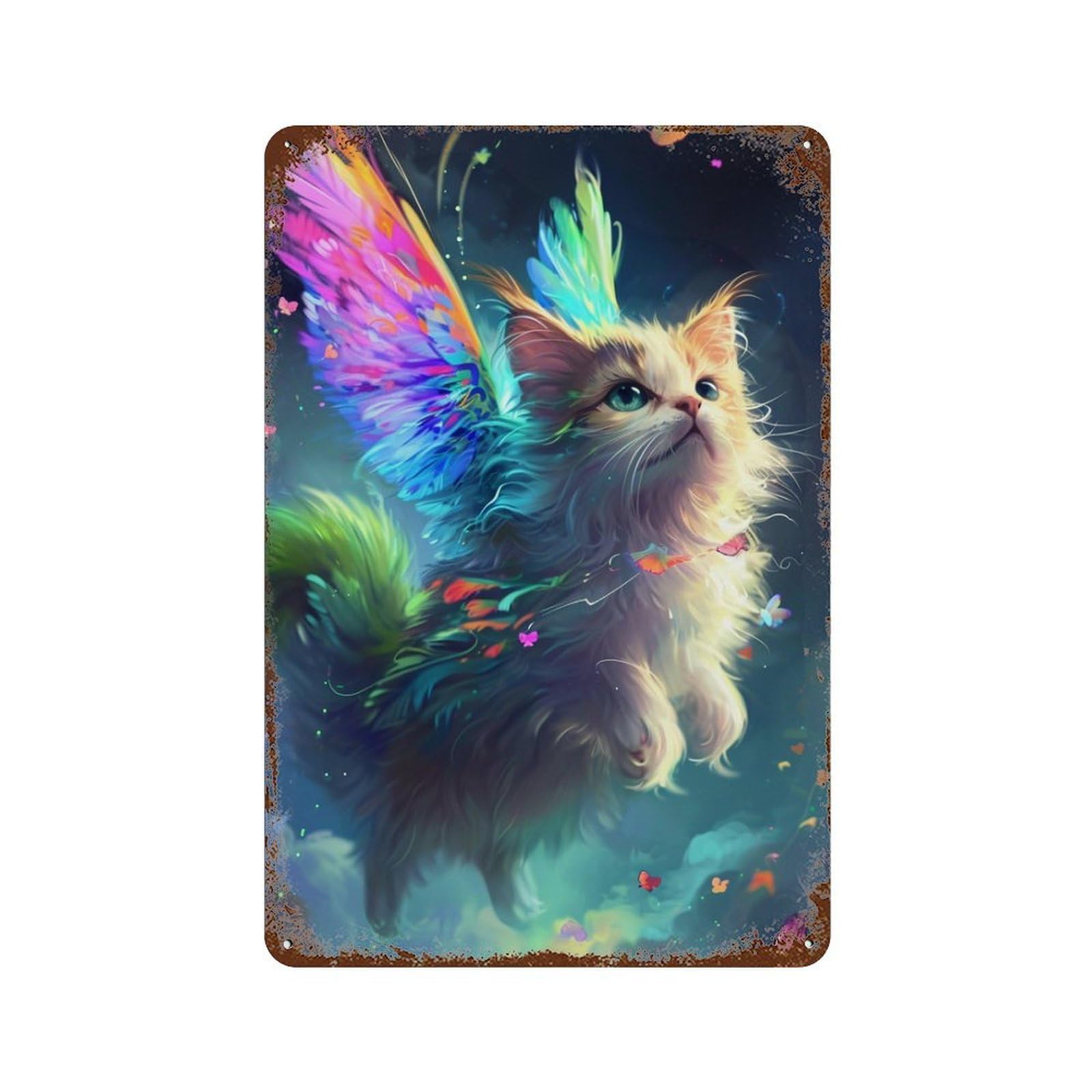 Colorful Fantasy Kitten Wings Decorative Tin Sign 11.8"x7.9", Vintage Wall Decor for Basement, Hobby Room And Garage Decor