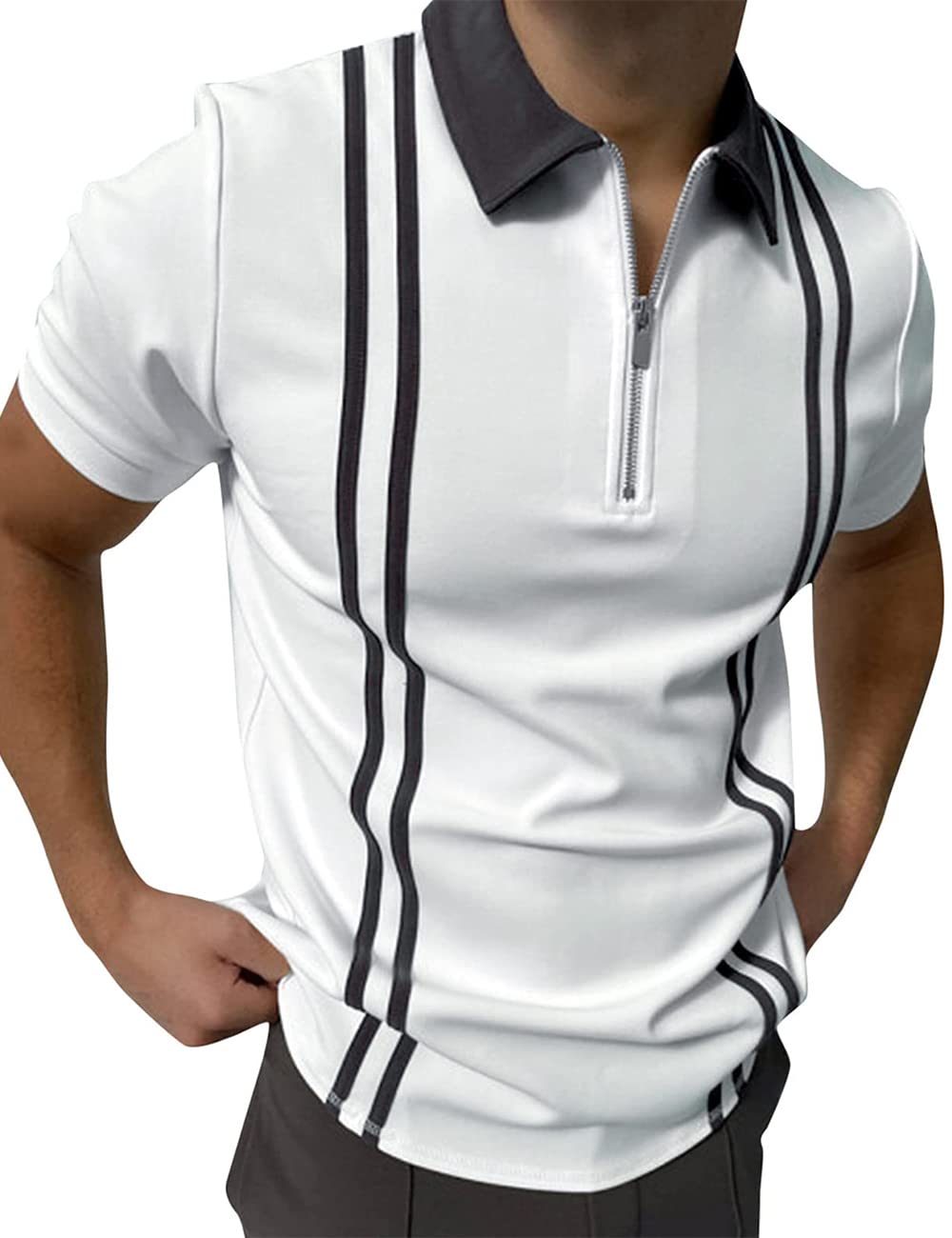 Hodaweisolp Men's Short Sleeve Zipper Casual Slim Fit Printed Golf Polo Shirt Tops XLWhite for