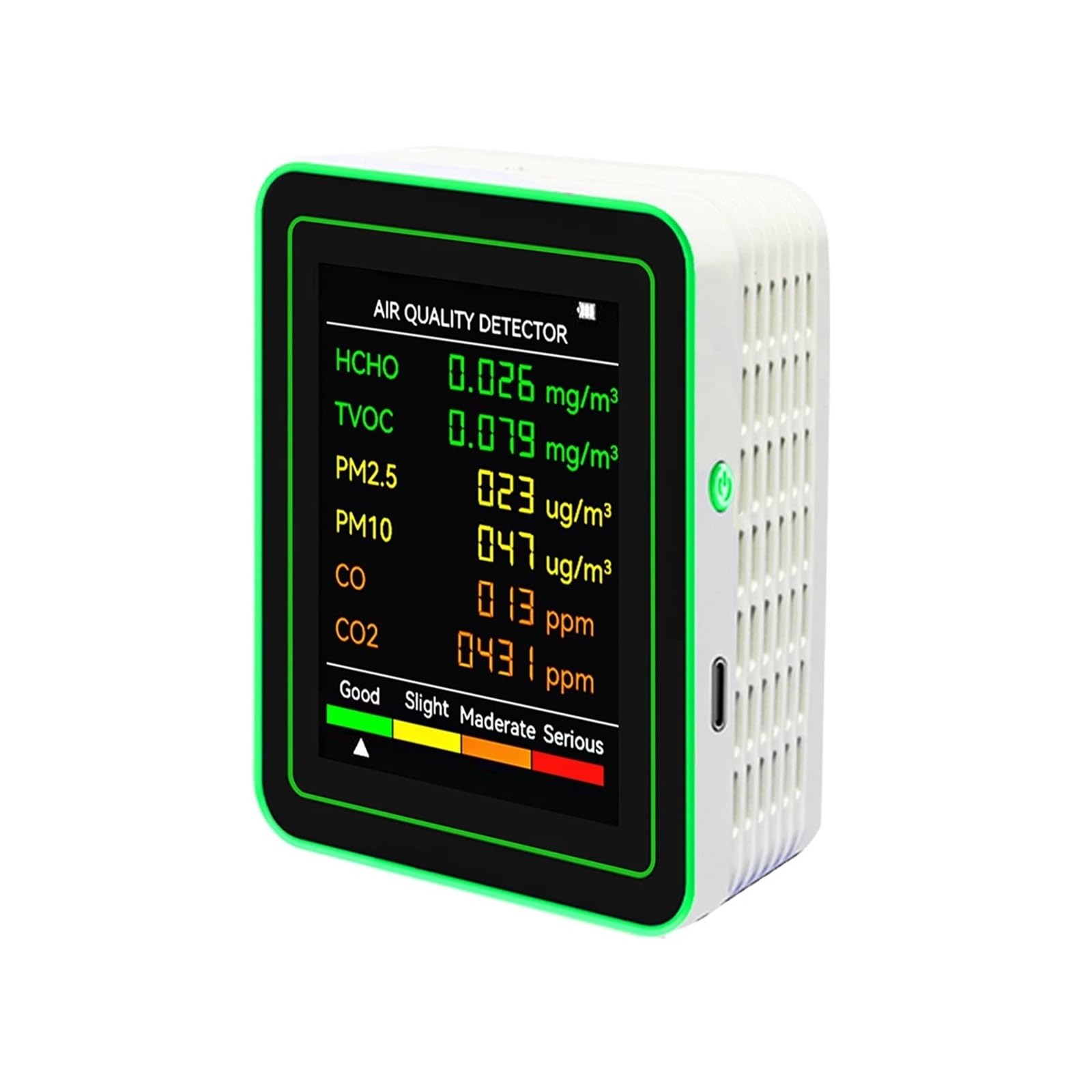 Air Quality Monitor, 6 in 1 Air Quality Monitor Carbon Dioxide Detector Multifunctional PM2.5 PM10 CO2 CO Meter(Bianco)