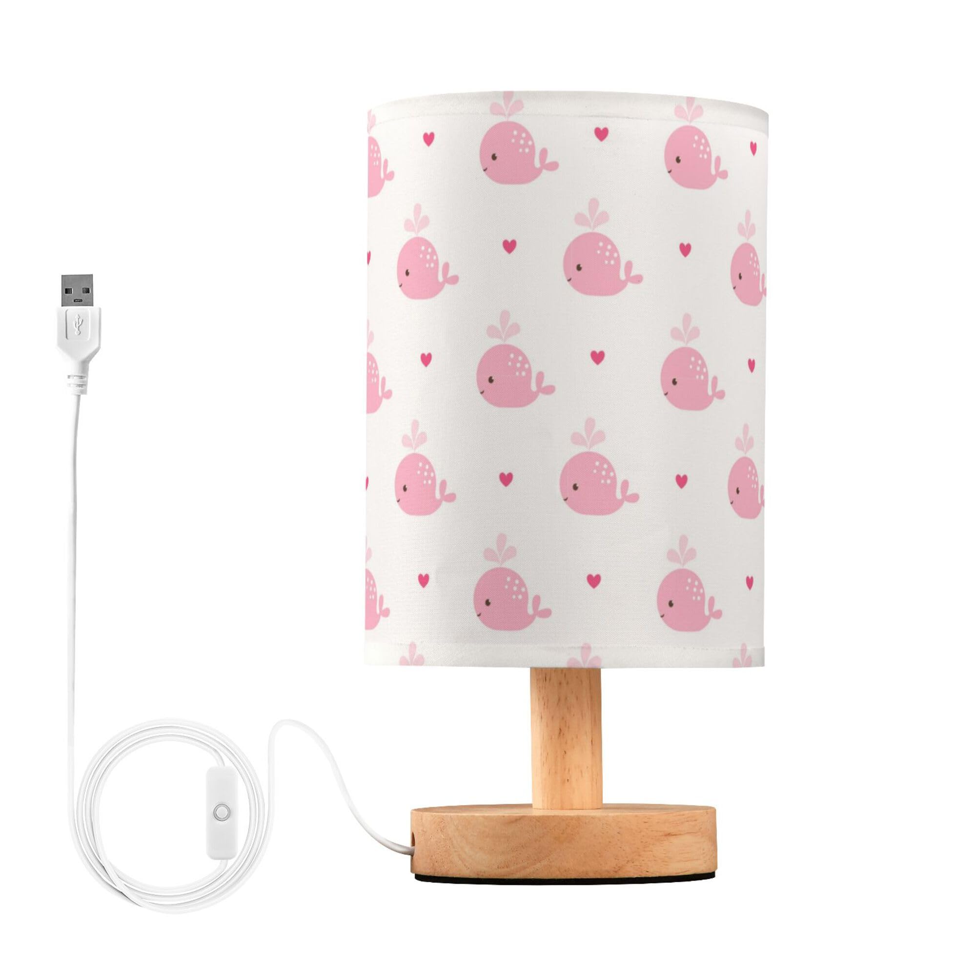 YYZZH Table Lamp Cute Pink Whale Baby with Heart Pattern Nightstand Lamp with Wood Base Fabric Lamp Shade Bedside Desk Lamp for Living Room Bedroom Kids Room Office