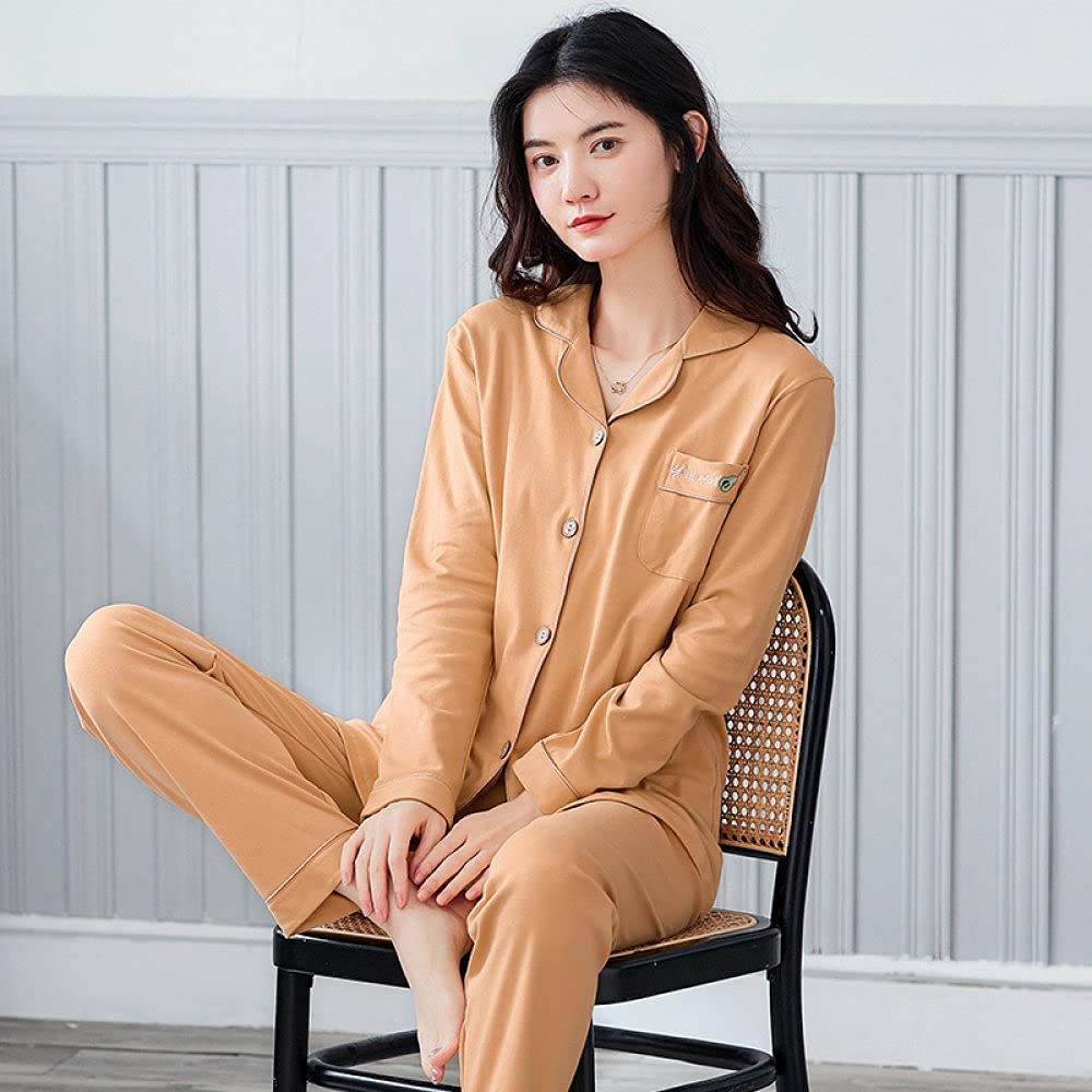 Manga Larga Pijama De Mujer De Dos Piezas,Conjunto De Pijamas De Mujer Con Cuello De Muesca Manga Larga Con Botones De Algodón Pijamas De Color Amarillo Mostaza Mujeres Otoño Invierno Pijamas Rega