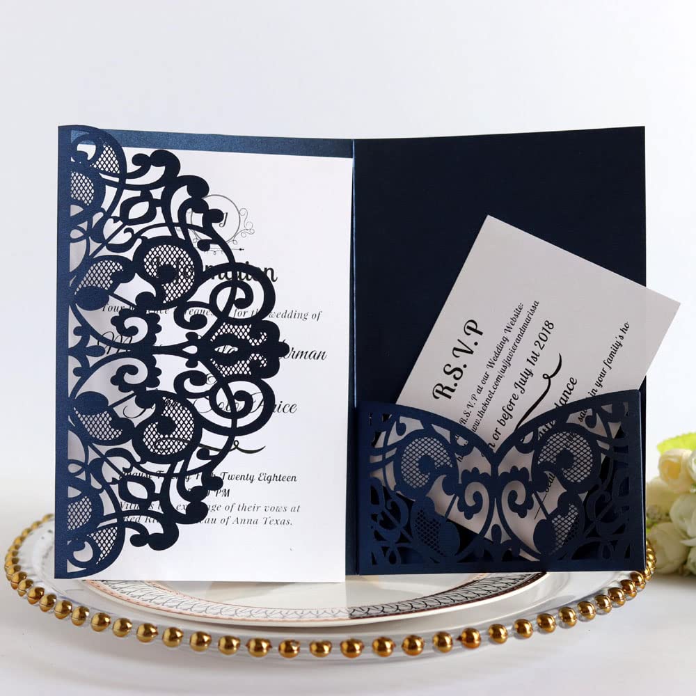 Delikatna romantyczna karta z zaproszeniem na przy Koperty - 50 sztuk zaproszeń czystych - personalizowane zaproszenia papierowe na przyjęcie zaręczynowe lub eleganckie zaproszenia(Blu,Blank)