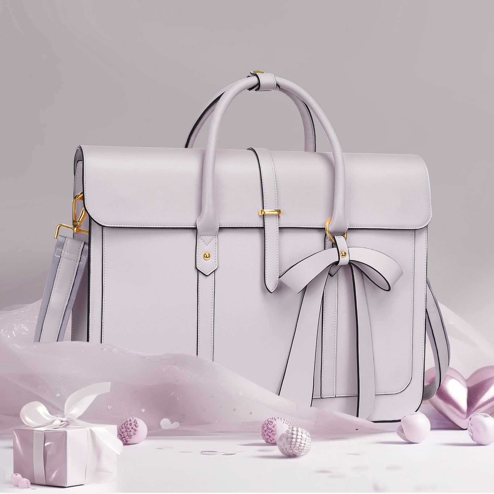 MOSISO Laptoptasche Damen 16 Zoll, 15-15,6 Zoll PU Leder Handtasche Umrüstbar auf Rucksack, Lässig Aktentasche Arbeitstasche Uni Tasche Reisen Schultertasche mit Schleifenknoten, Staubiges Flieder