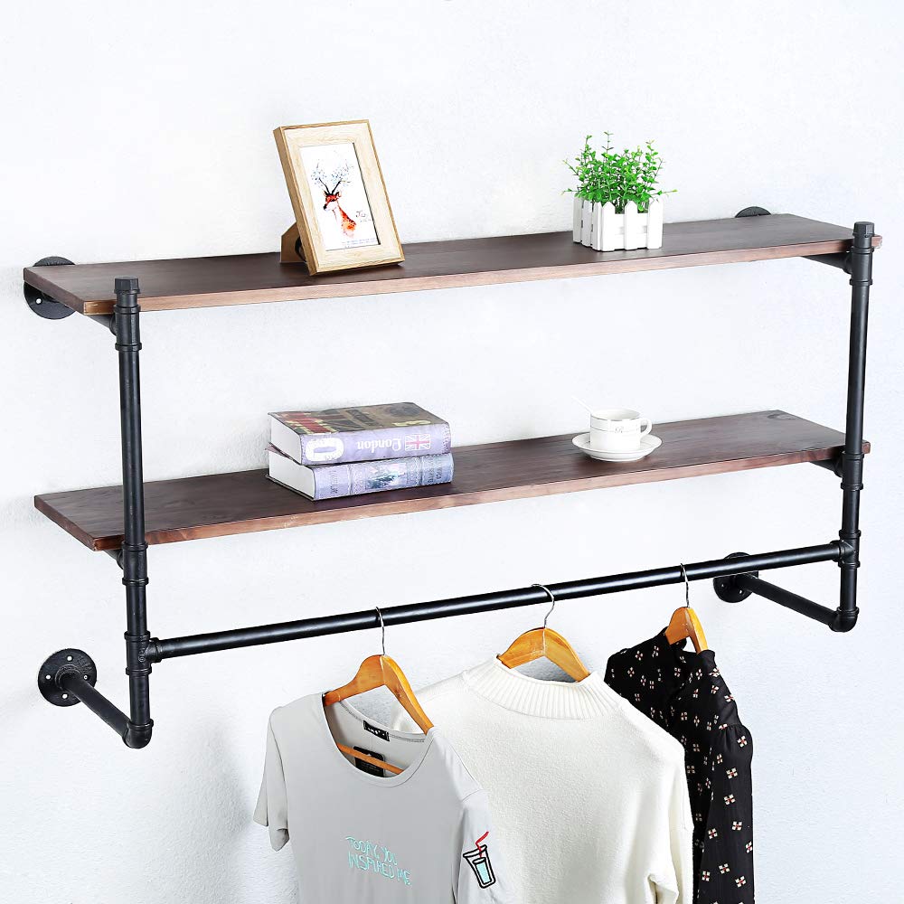Industrial Pipe Clothing Rack Wall Mounted Wood Shelf,Pipe Shelving