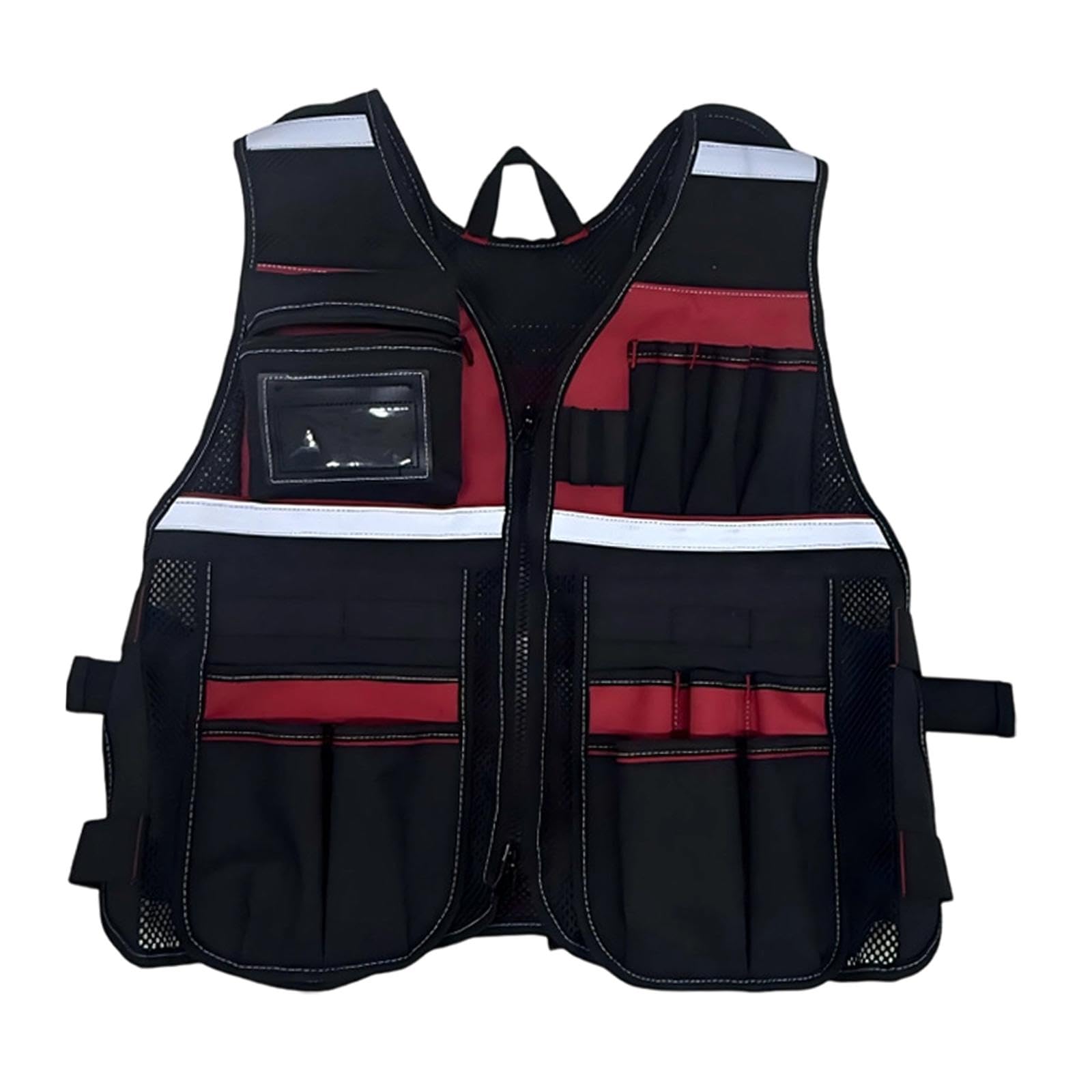 Chaleco Portaherramientas Ligero para Adultos, Ideal para Trabajos de Mantenimiento Al Aire Libre Y Fontanería, Color Negro Y Azul, negro y rojo