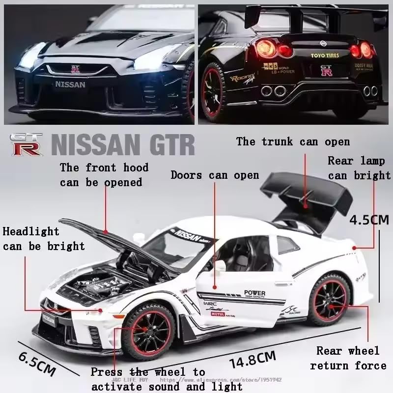 Image of Alokik Enterprise 1:32 Nissan GTR R35 Diecast Metal Pull Back Car with 6 Openable Doors with Sound and Light Toy Decoration car Best Gift Toys for Kids 【Color As Per Stock】