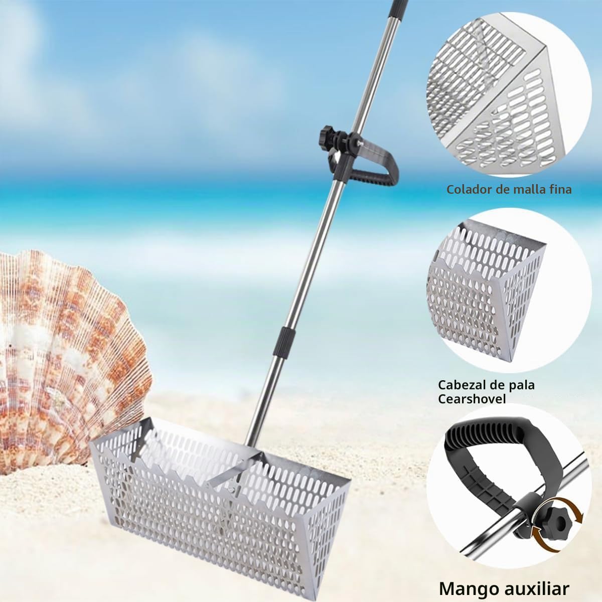 Juego de rastrillo para pulgas de arena, tamiz de arena de playa de acero inoxidable con cesta ancha de dientes de tiburón de 15.8 pulgadas, rastrillo de arena hueco de acero al carbono, rastrillos de
