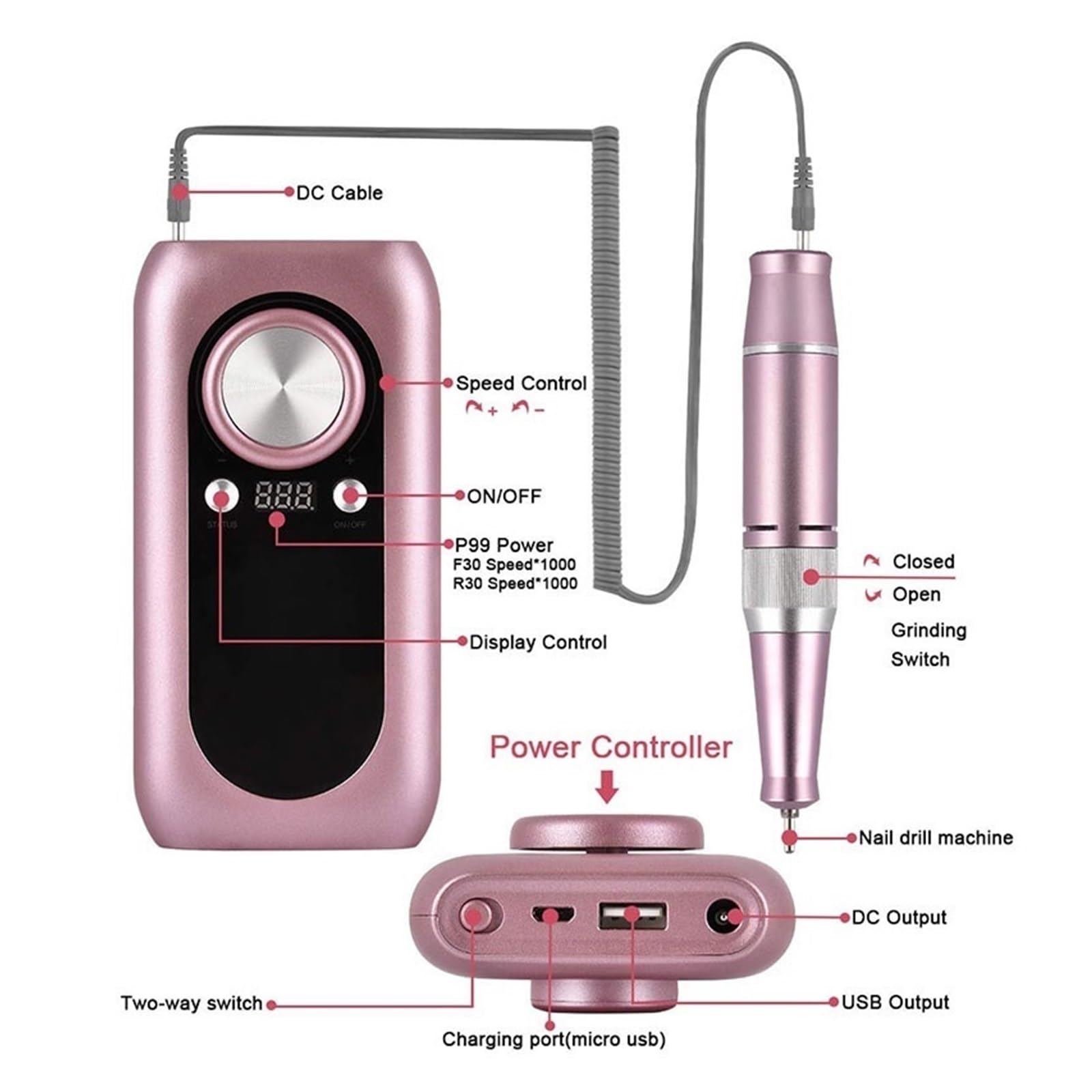 Elektryczna wiertarka do paznokci, 30000 obr./min Pro maszyna manicure, aparat , zestaw pedicure pilnik z obcinaczem narzędzie ,Niskie wibracje(Pink-C)