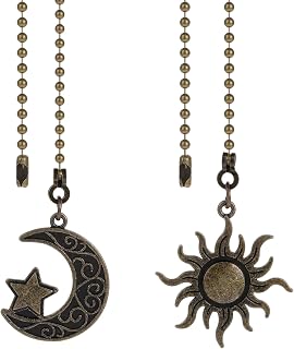 2Pcs Ceiling Fan Pull Chain Extension, Bronze Fan Pull Chain Extension 12 Inch Lighting Fan Beaded Ball Chain Extender with Connector Moon and Sun Pendant Totem Bohemia Chain Extension