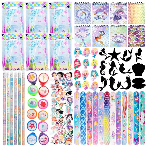 Mermaid Party Bag Fillers for Kids - 148PCS Party Favours with PE Bags Slap Bracelets Notebook Stickers Pencils Rings Give Away Girls for Pinata Fillers Birthday Toys Favours Class Rewards
