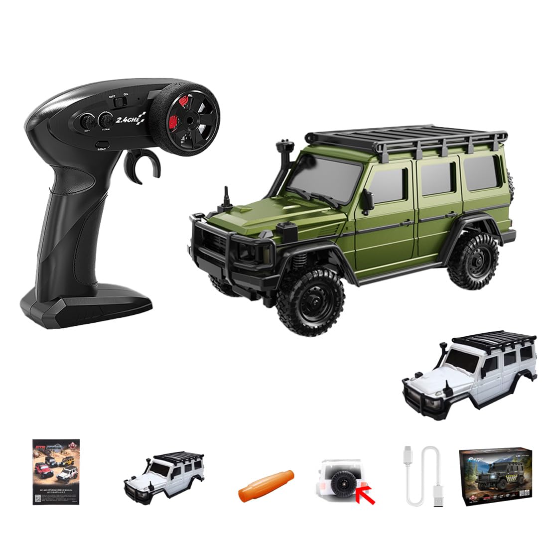 Modelo RC Crawler a escala 1:43 con control totalmente proporcional, control de aplicación y dos carrocerías