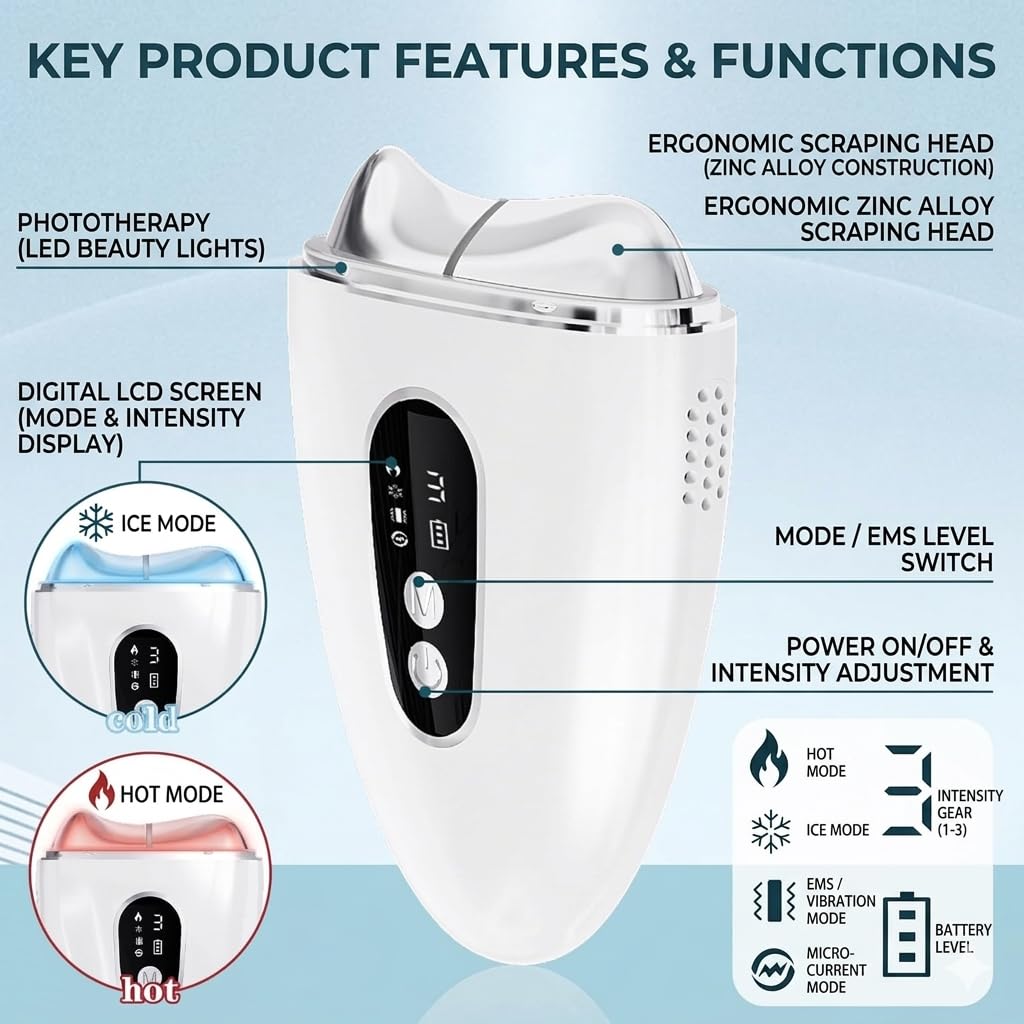 Cold & Hot Face Massager with Micro-current, Red Blue Light Therapy Facial Device, Vibration & 4 Modes, Hot Heat Guasha tool for Skin Lifting Tightening Tool for Face & Neck