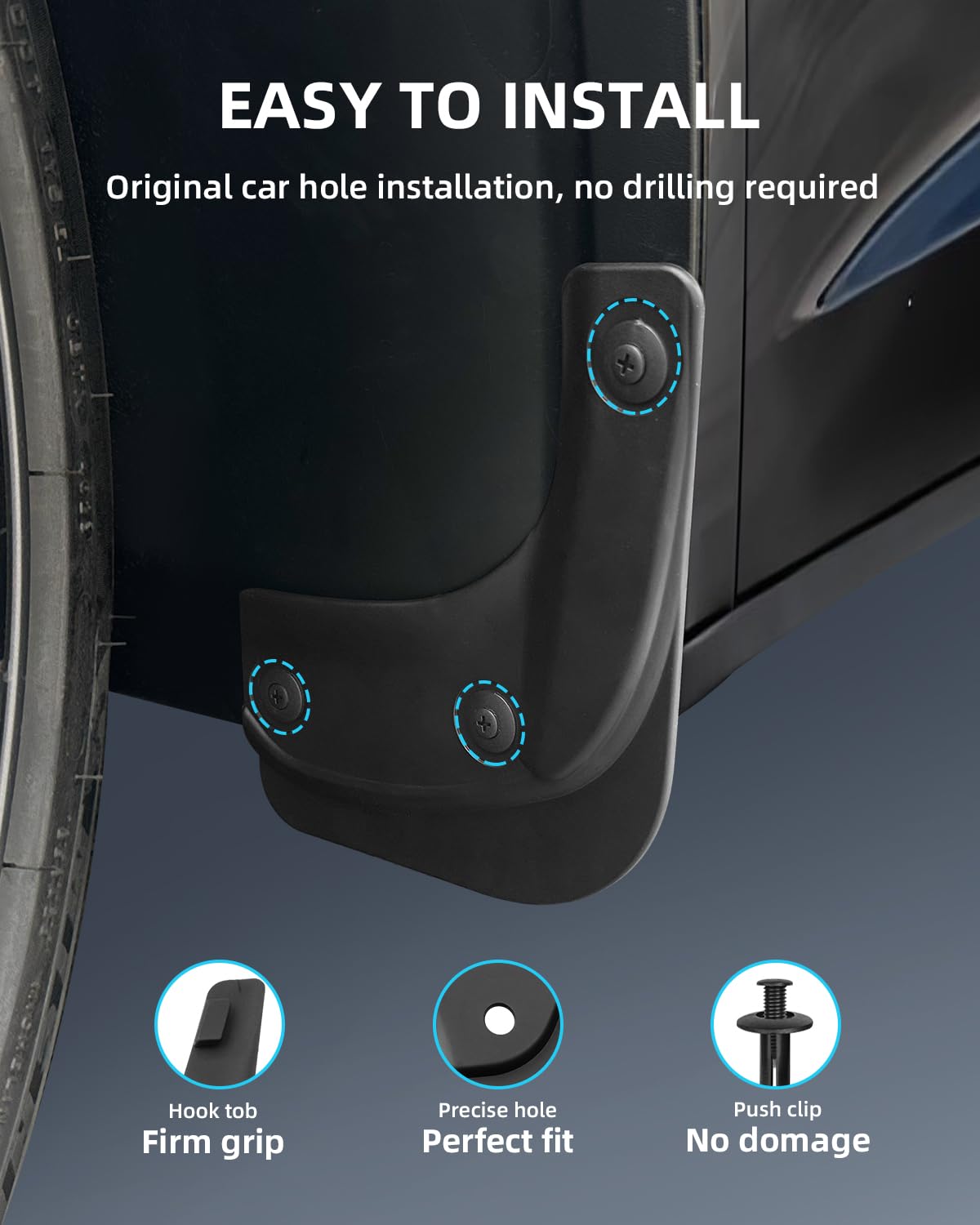 (4-Częściowy) Chlapacze dla Tesla Model 3 Highland 2024 2025 2026 | Błotniki Przednie i Tylne ze Śrubami Montażowymi, Tworzywo ABS, Nie Wymaga Wiercenia, Akcesoria Każdą Pogodę