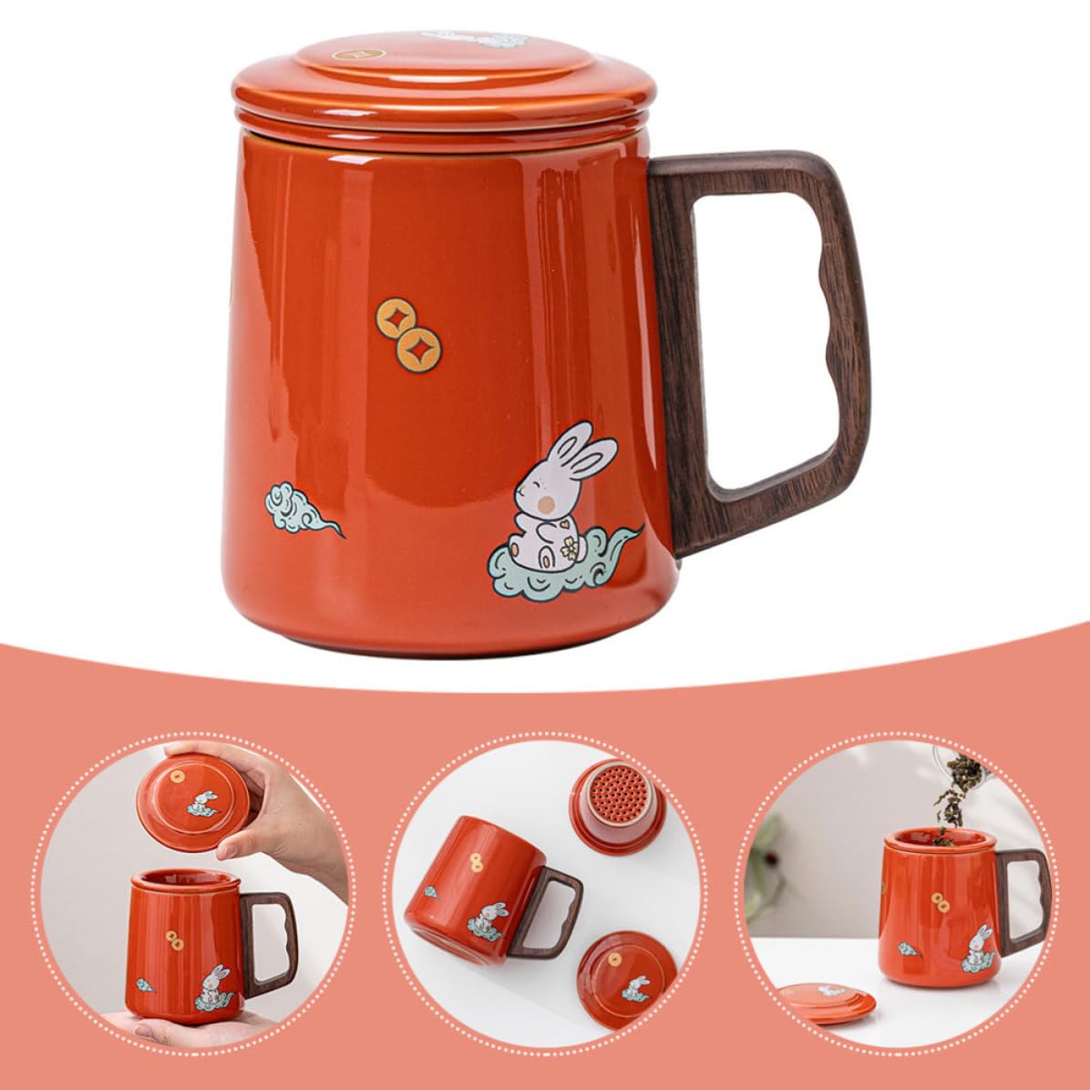 Taza de Té con Infusor y Tapa de Cerámica 400ml Roja | Mango Cómodo, Base Plana, Superficie Lisa, Madera en Detalles, para Flor y Agua